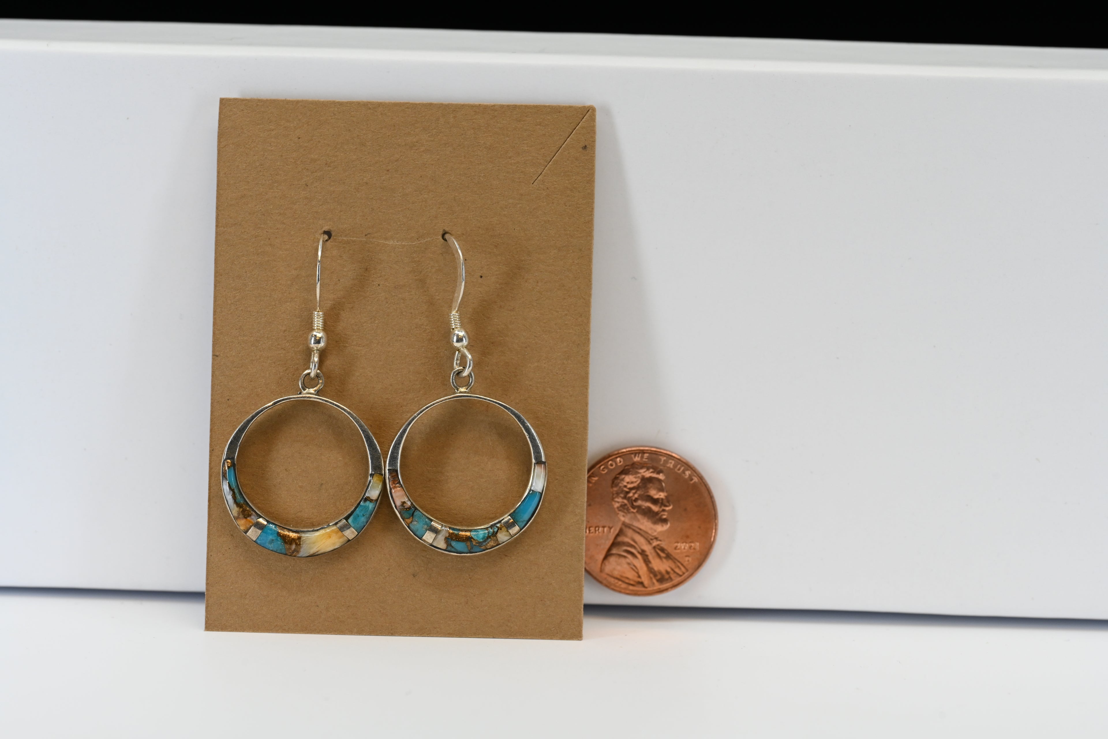 Sterling Silver Circle  Shaped With Multicolored Stone Dangle  Earrings