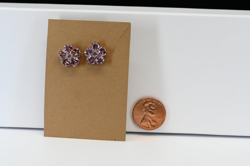Sterling Silver Rose-tone Flower Purple Heart Stone Stud Earrings