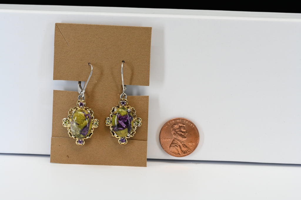 Sterling Silver Green and Purple Oval Dangle Earrings