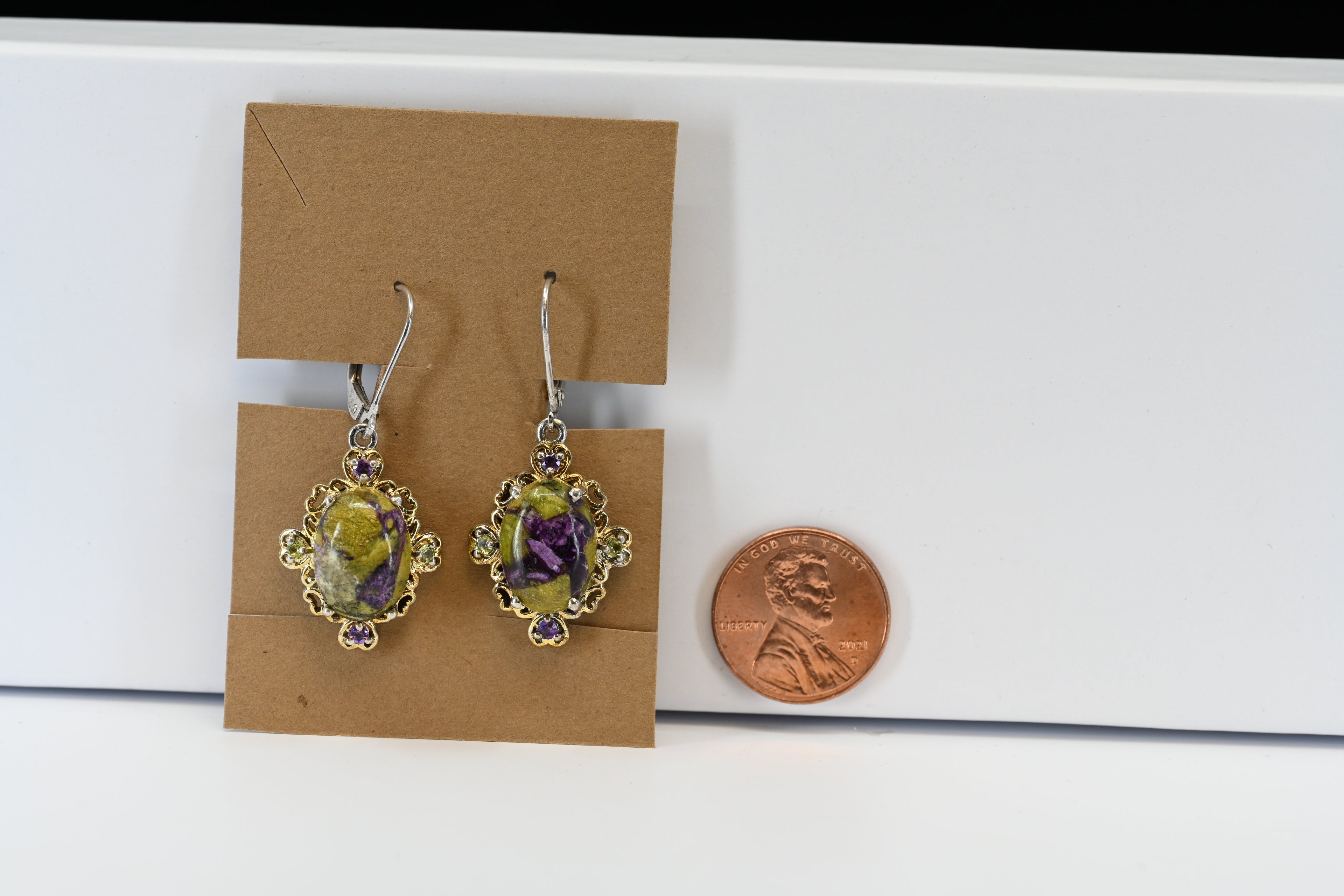 Sterling Silver Green and Purple Oval Dangle Earrings