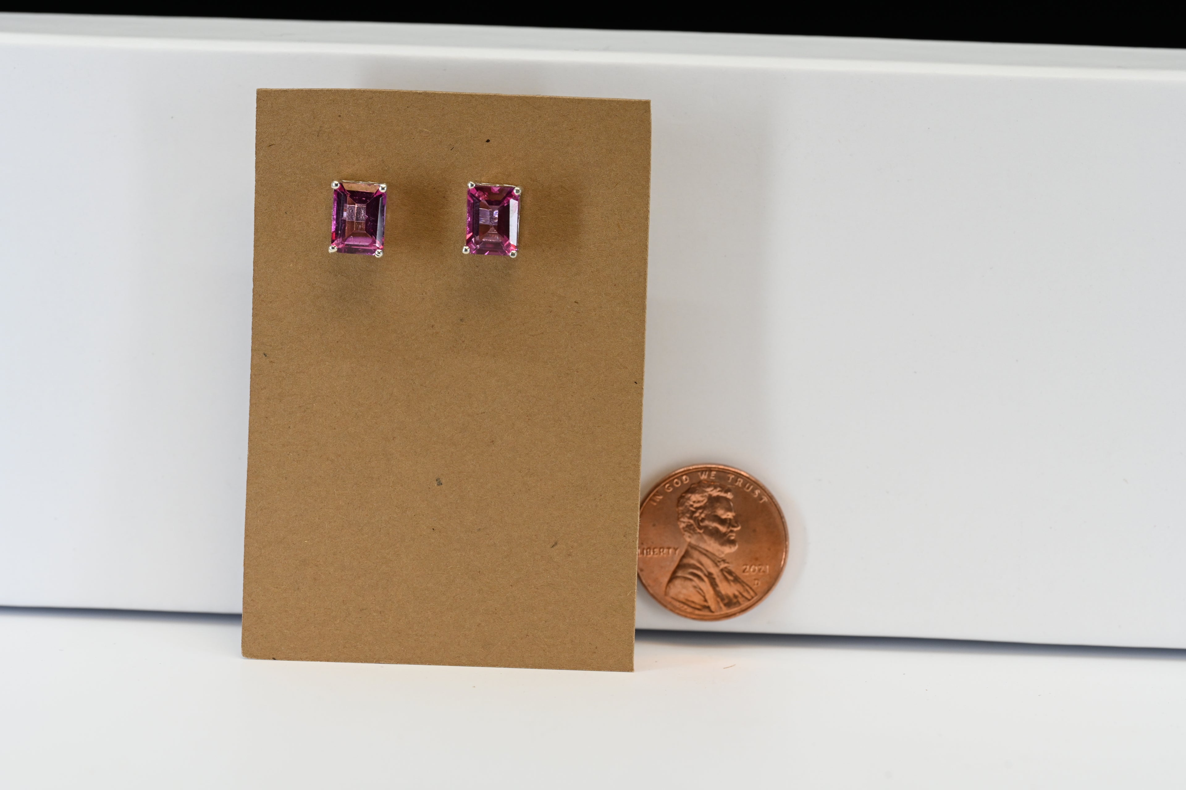 Sterling Sliver Emerald Cut Pink Stud Earrings