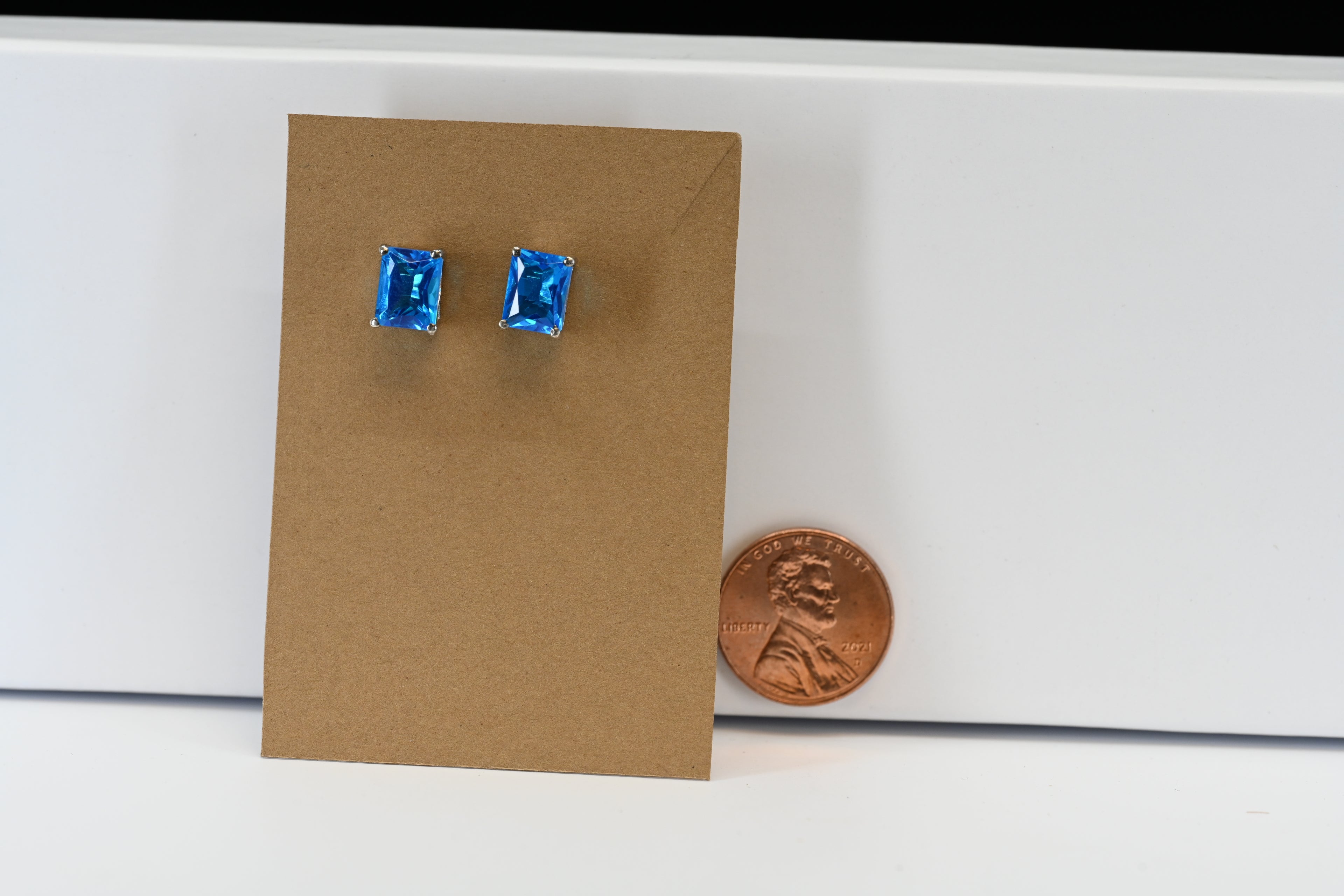 Sterling Silver  Emerald Cut Blue Stud Earrings