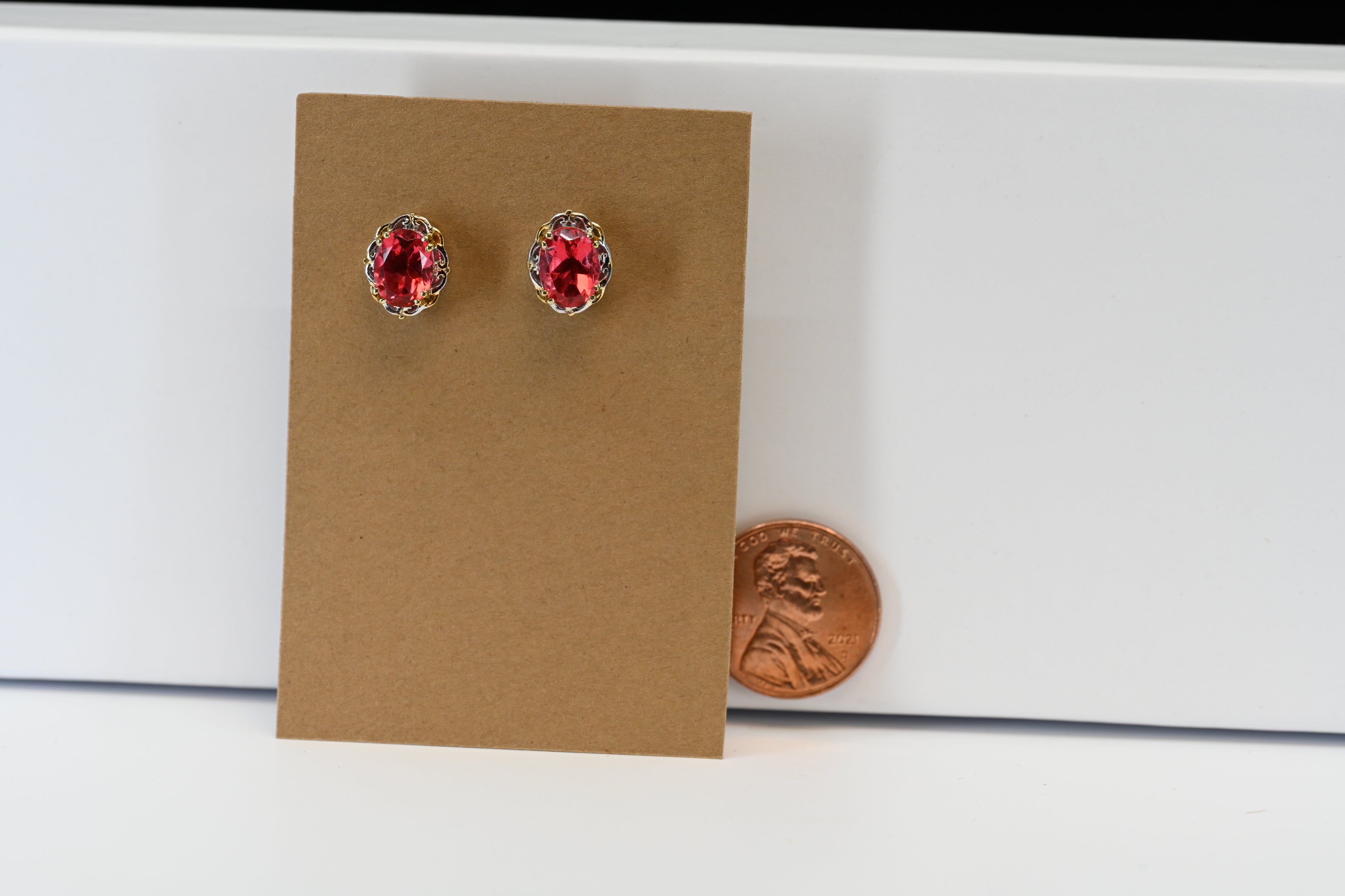 Sterling Silver Oval Pink Stone Two-tone Stud Earrings