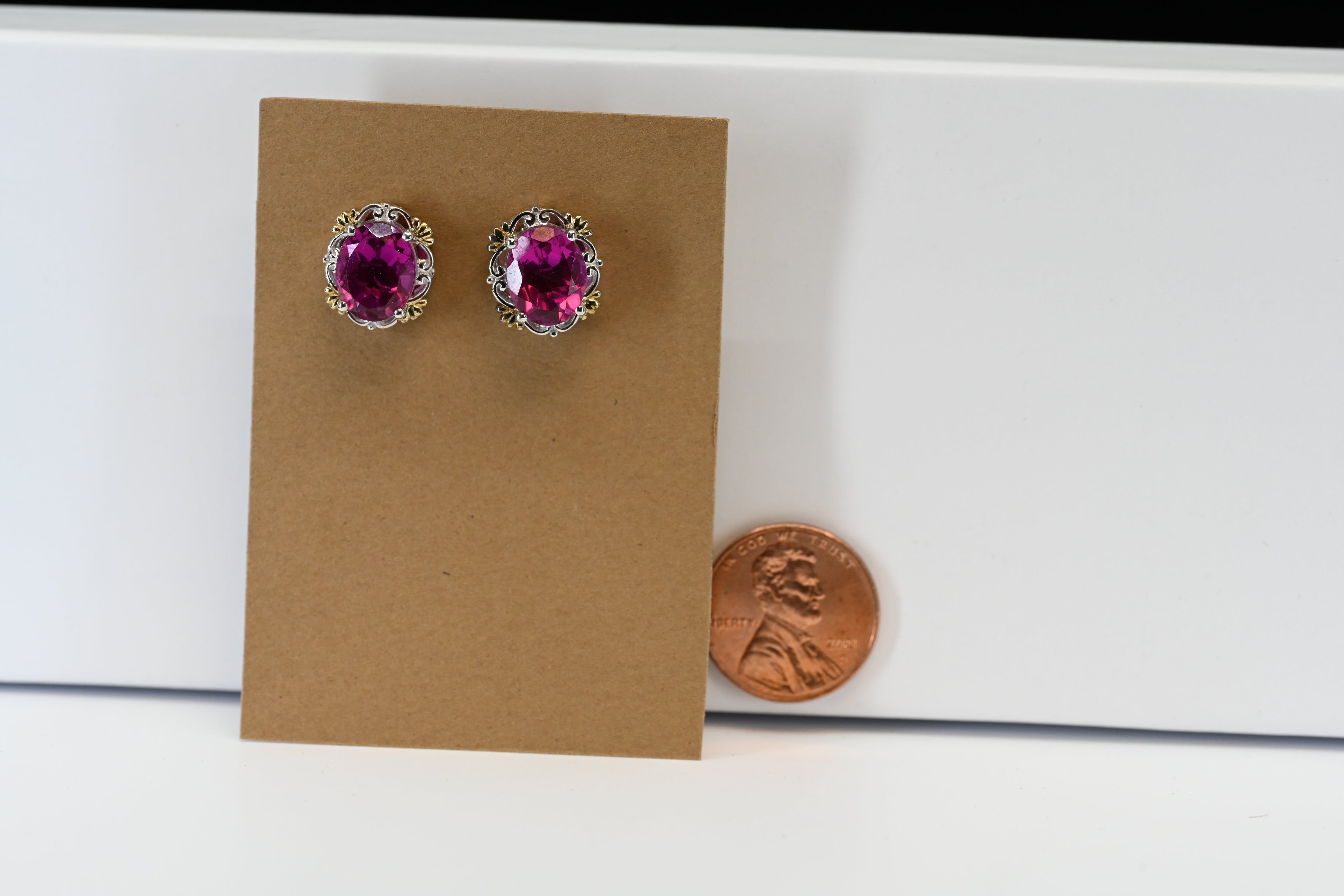 Sterling Silver Oval Pink Center Stones Tow-tone Stud Earrings