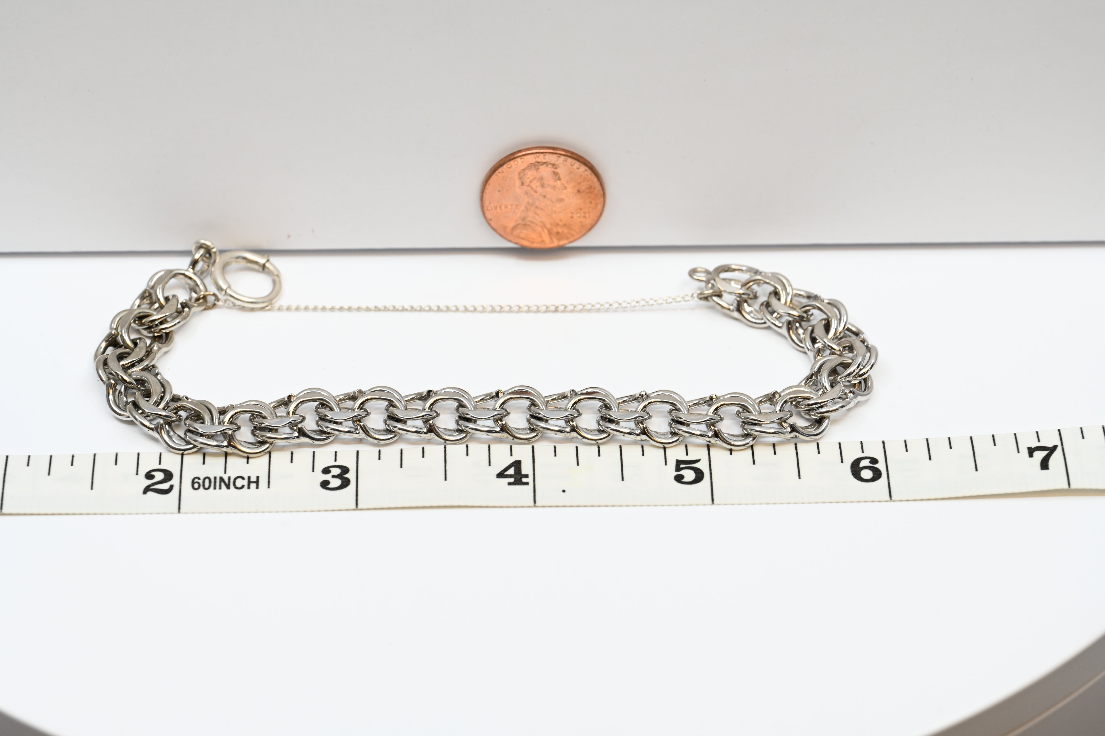 Sterling Silver Charm Bracelet Double Curb Link With Safety Chain