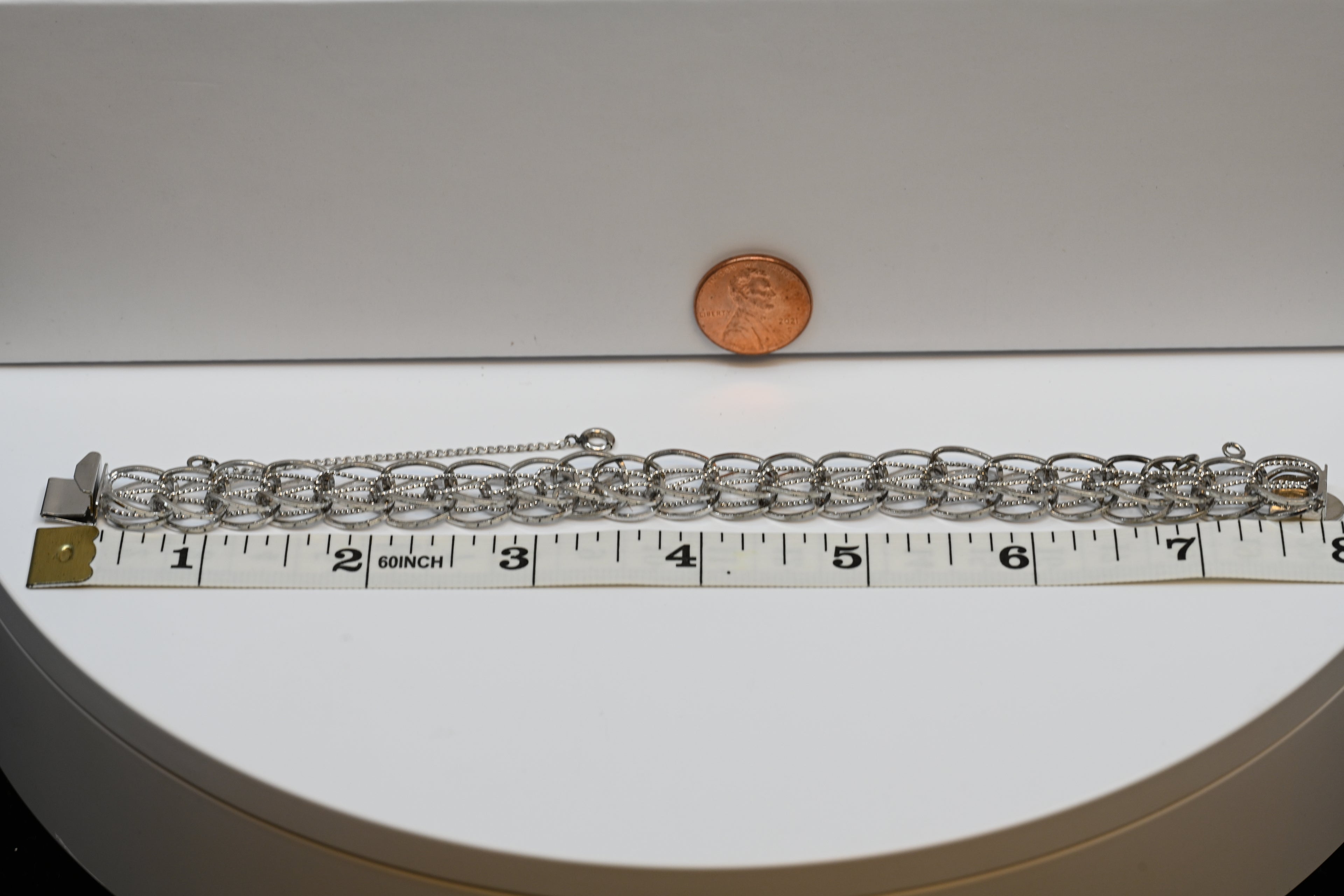 Sterling Silver Charm Bracelet Round Fancy Link With Safety Chain