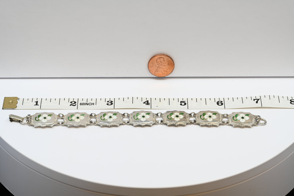 Sterling Silver Link Bracelet With Enamel Flowers