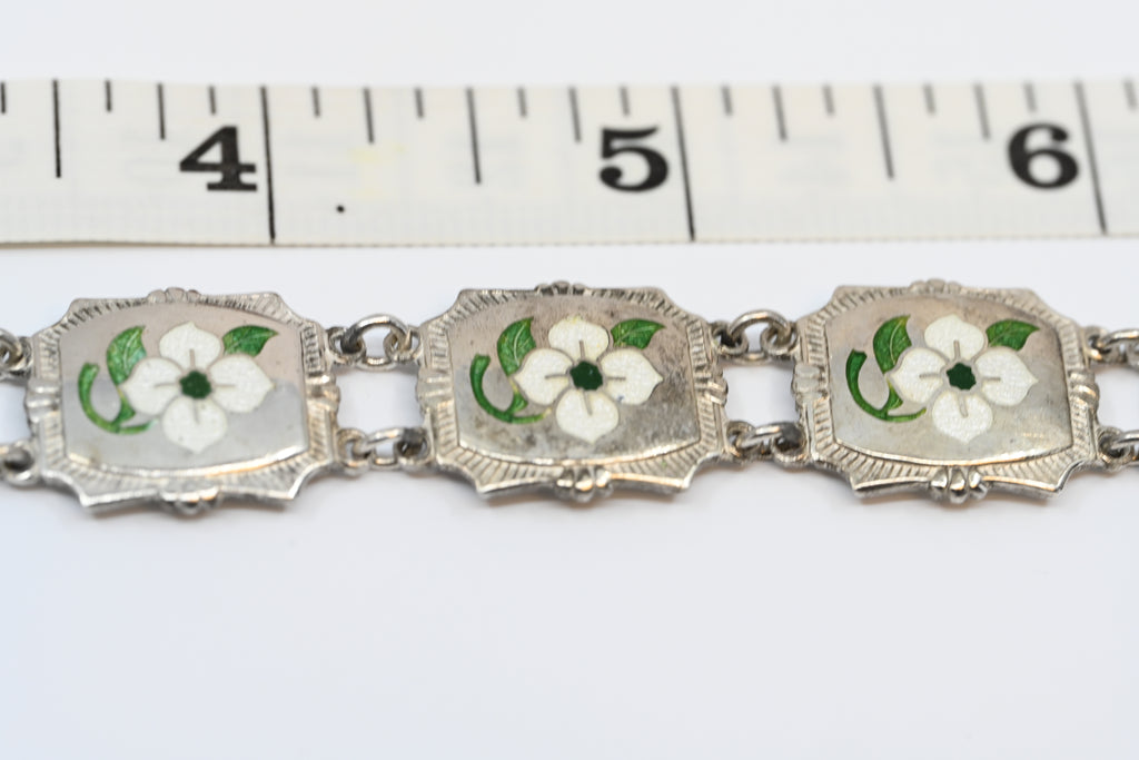 Sterling Silver Link Bracelet With Enamel Flowers