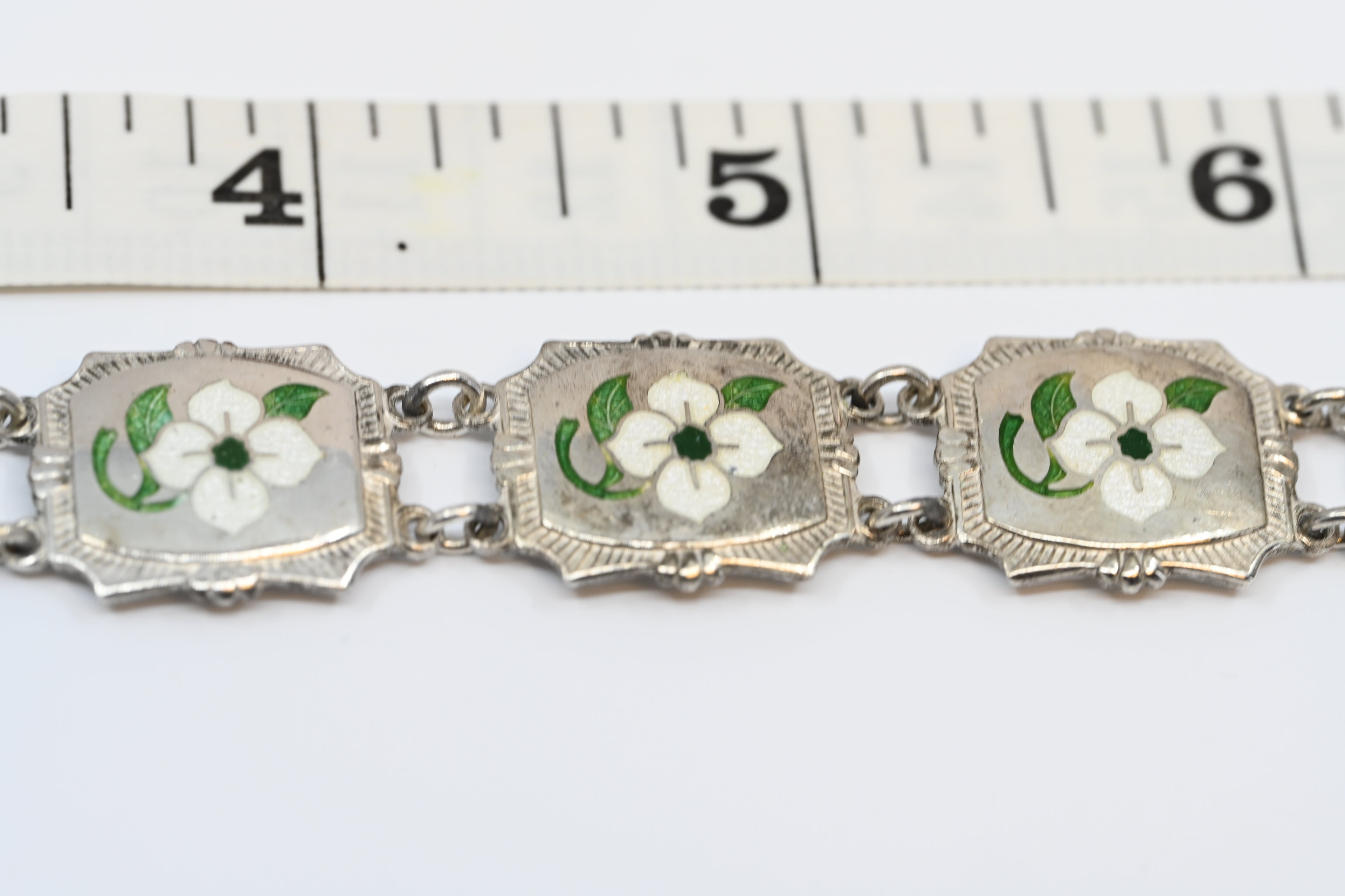 Sterling Silver Link Bracelet With Enamel Flowers