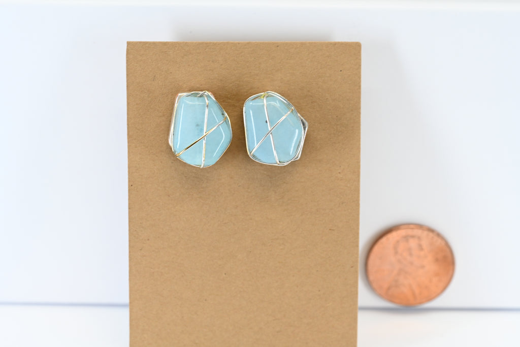 Wire Wrap Blue Stone Stud  Earring