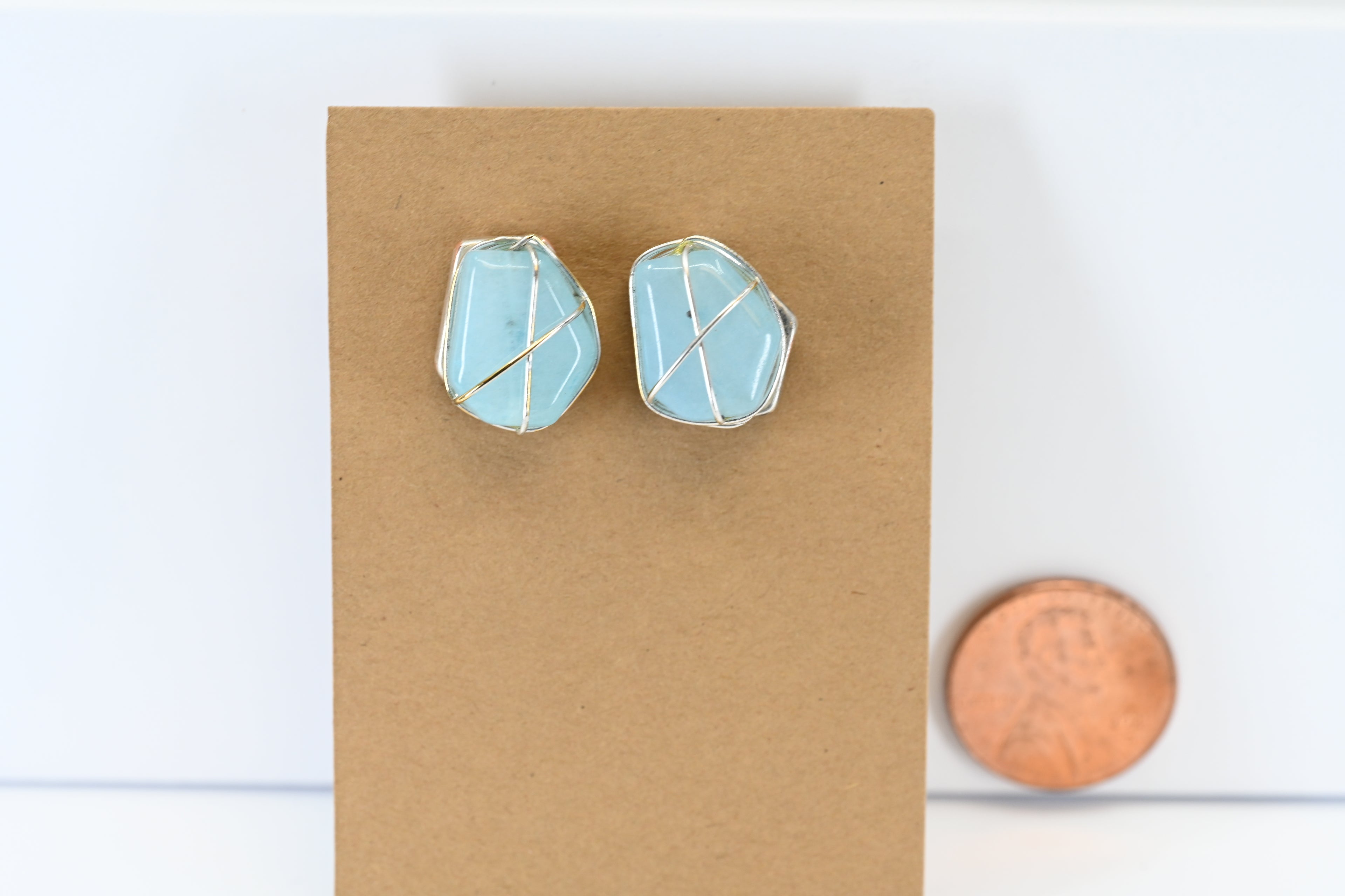 Wire Wrap Blue Stone Stud  Earring
