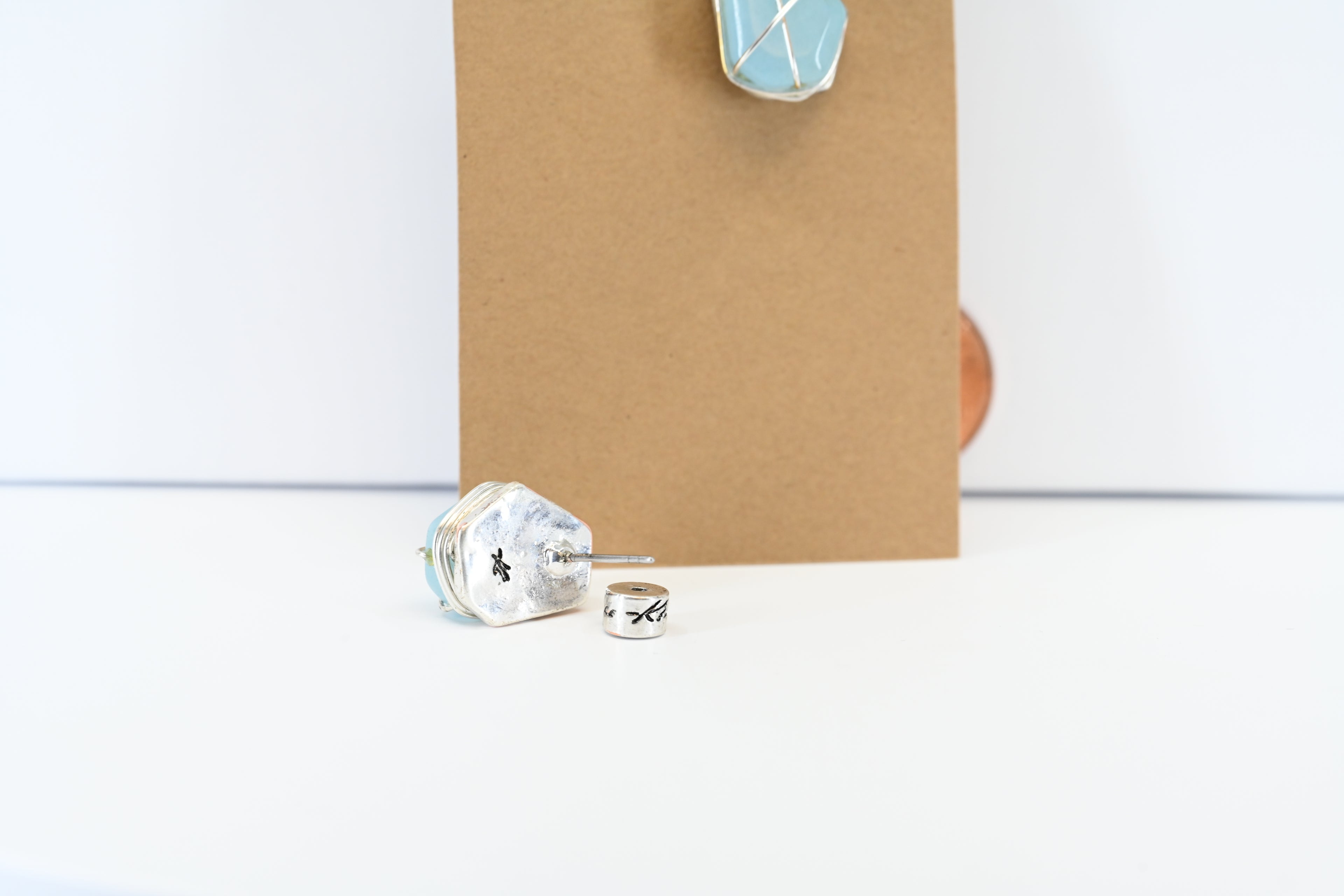 Wire Wrap Blue Stone Stud  Earring