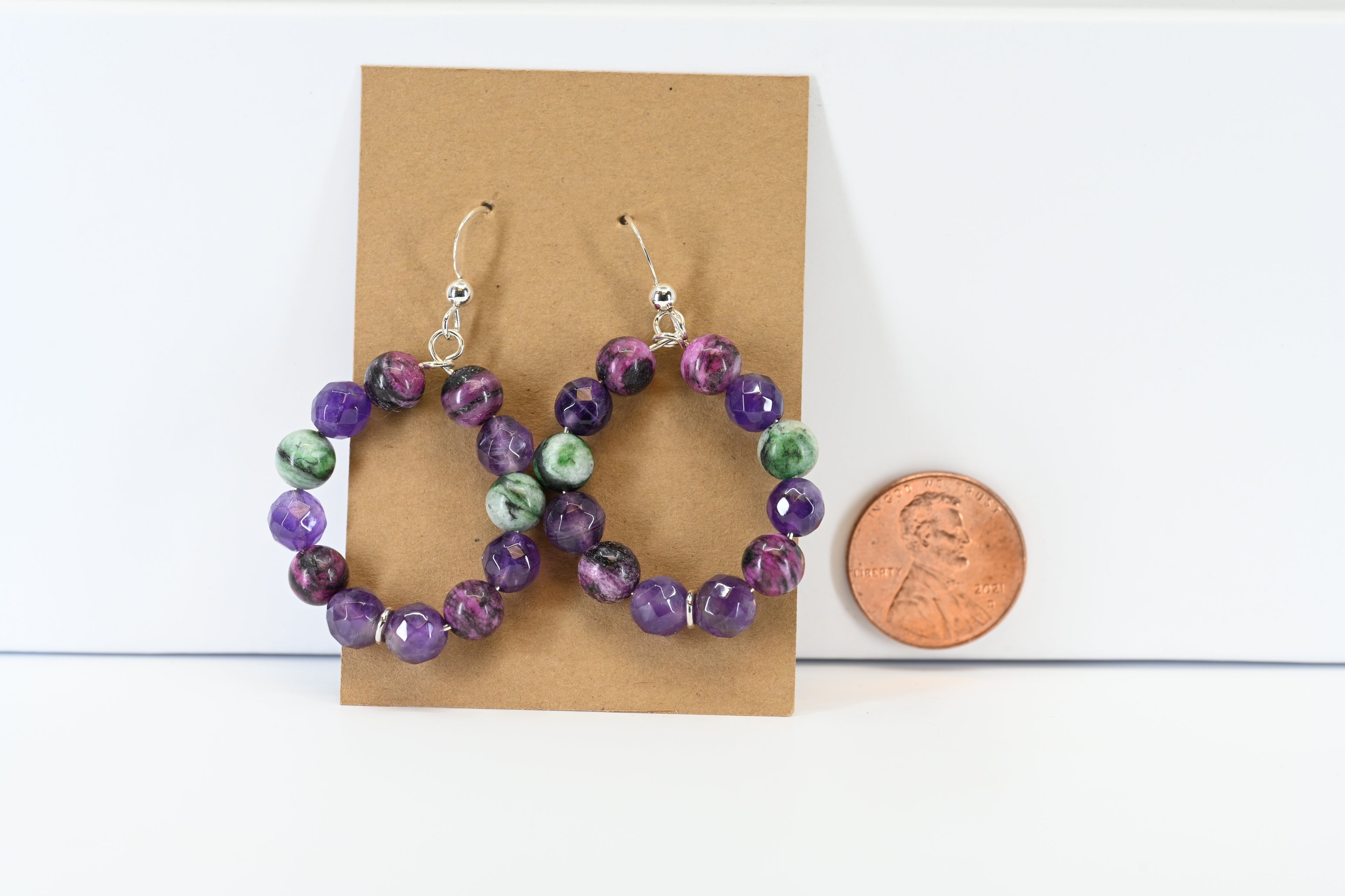 Sterling Silver Dangle Purple Beaded Hoop Earring