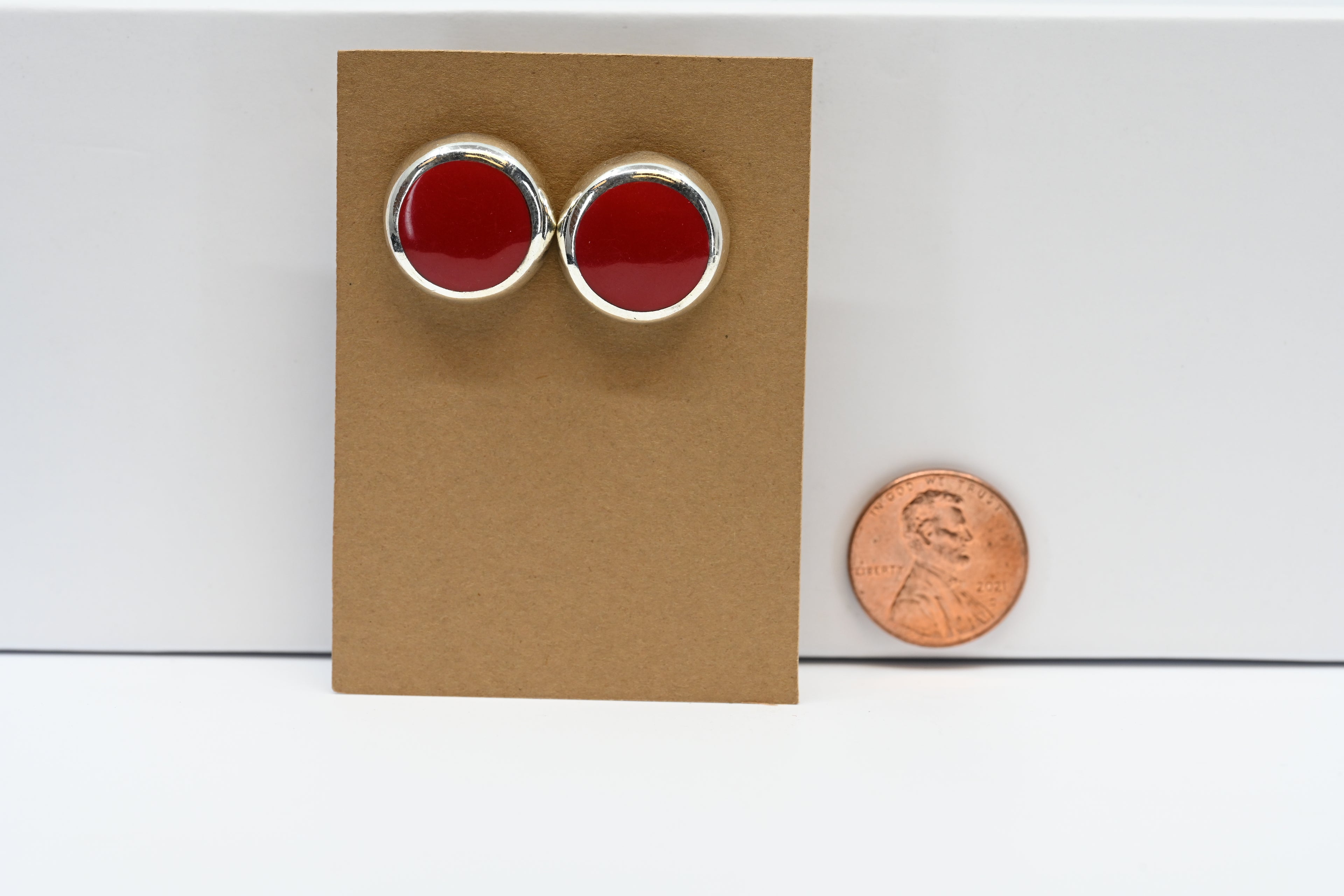 Sterling Silver Round Red Cabochon Cut Stud Earring