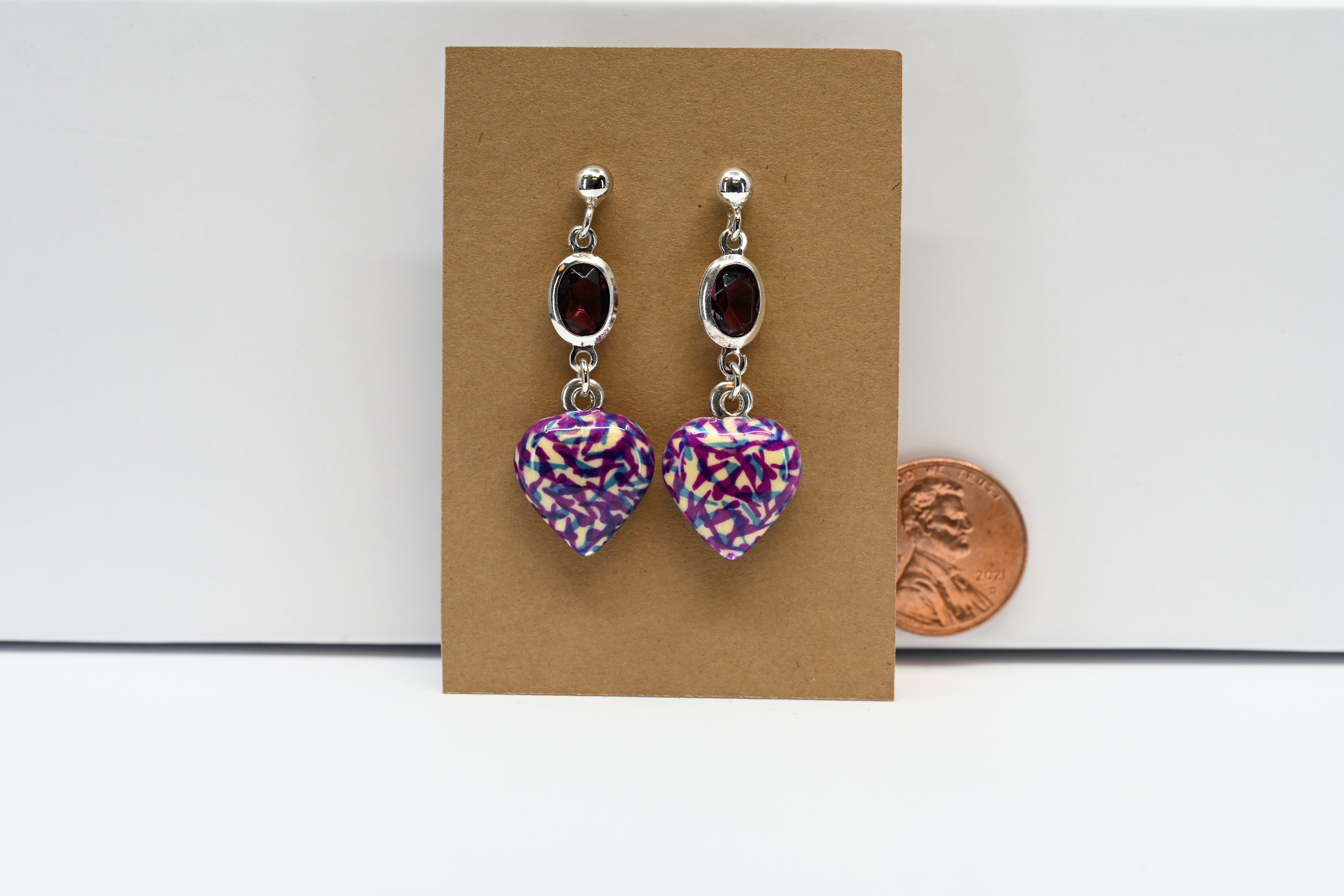 Sterling Silver Dangle Earring With  Purple Oval  Gemstone and Heart