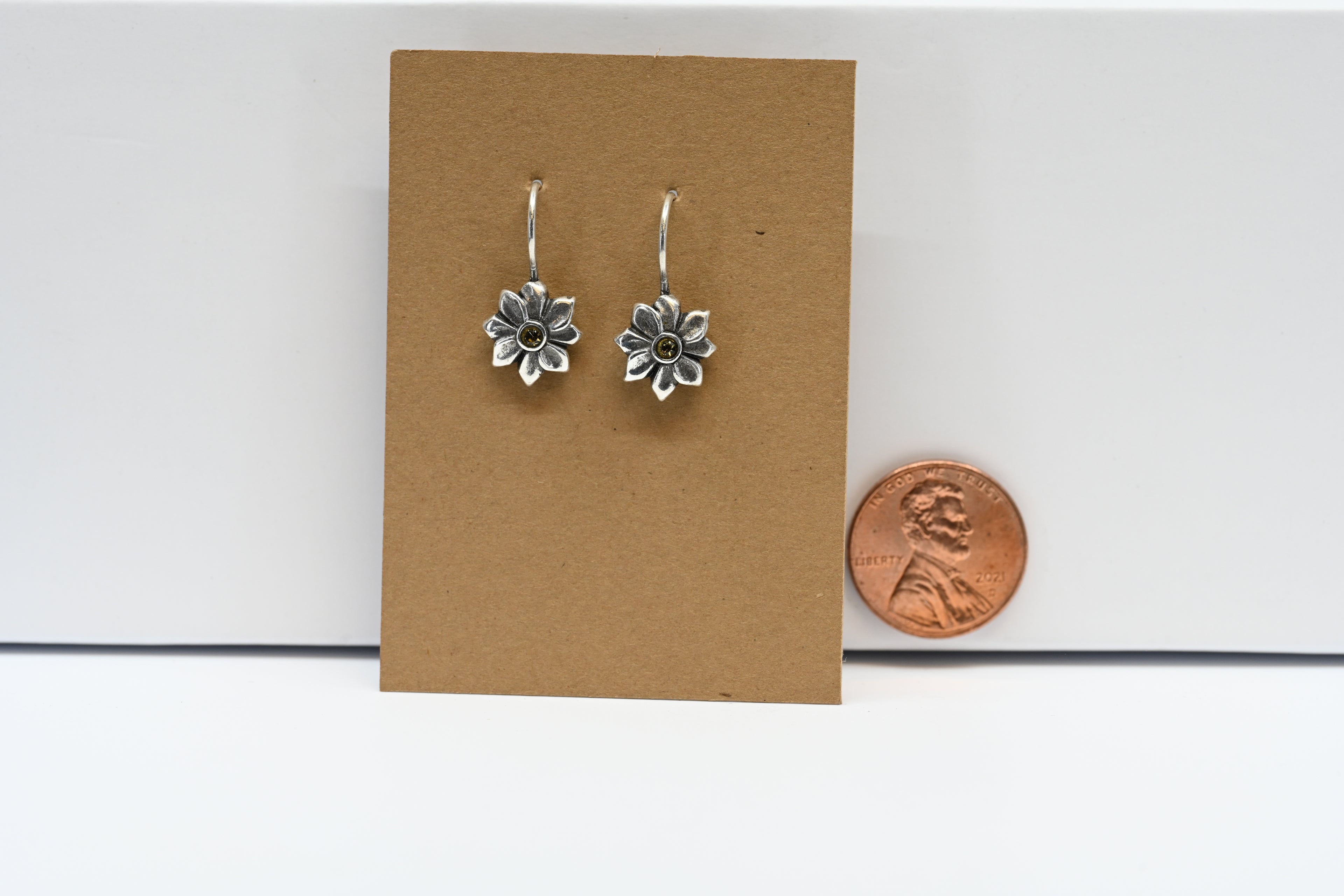 Sterling Silver Drop Flower Earring With Rhinestone Center