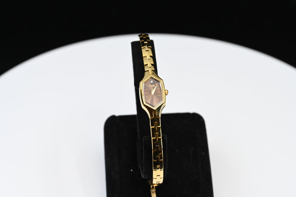 Gold-Tone Seiko Small Watch Hexagon Face With Safety Chain