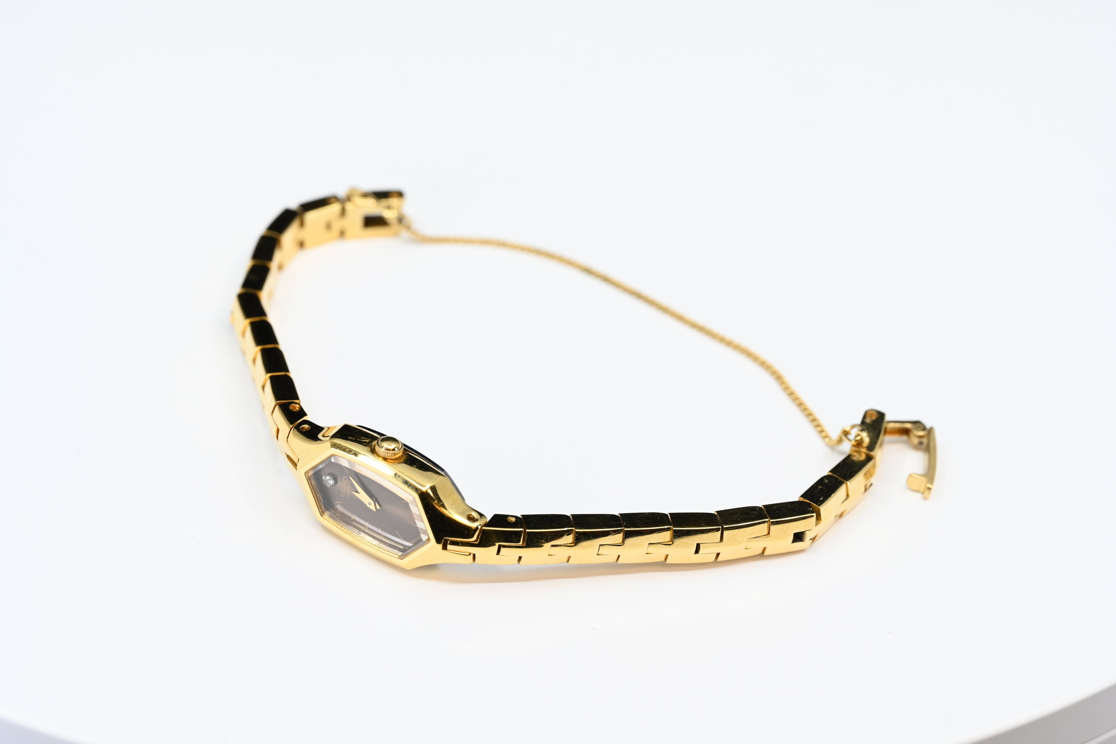 Gold-Tone Seiko Small Watch Hexagon Face With Safety Chain