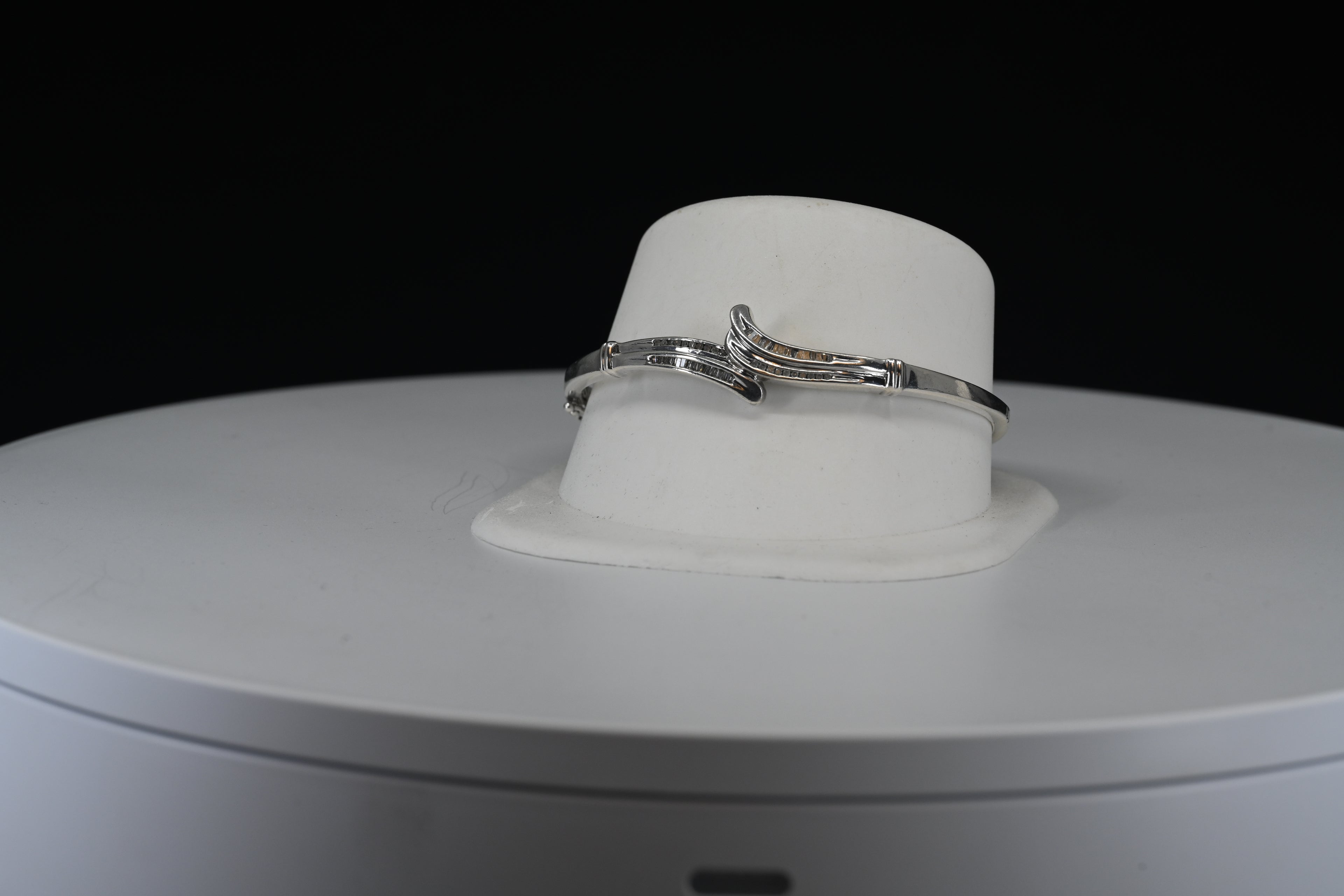 Bypass Baguette and Round Diamond Sterling Silver Hinged Bracelet