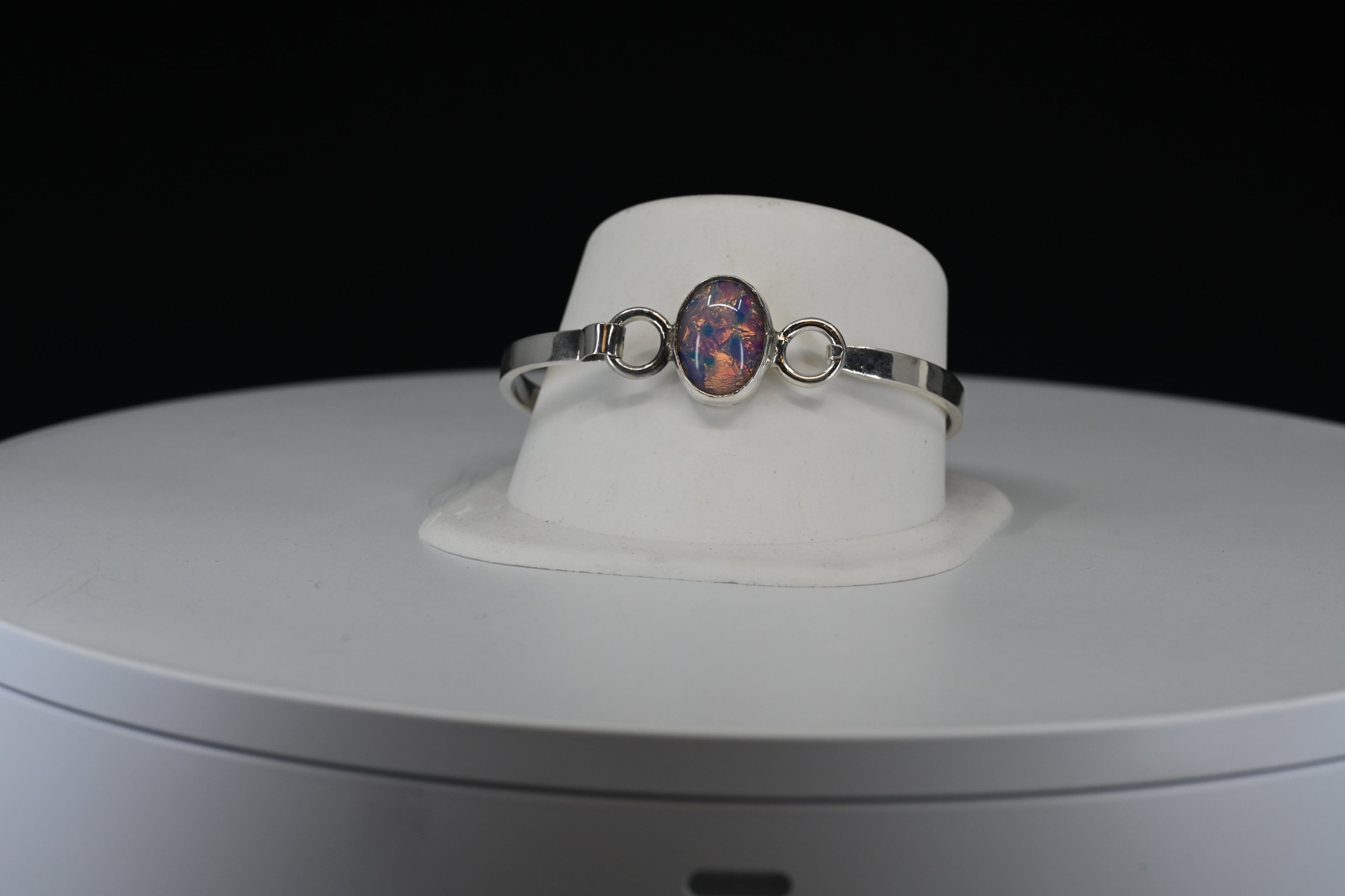 Iridescent Oval Glass Sterling Silver Hinged Bangle Bracelet