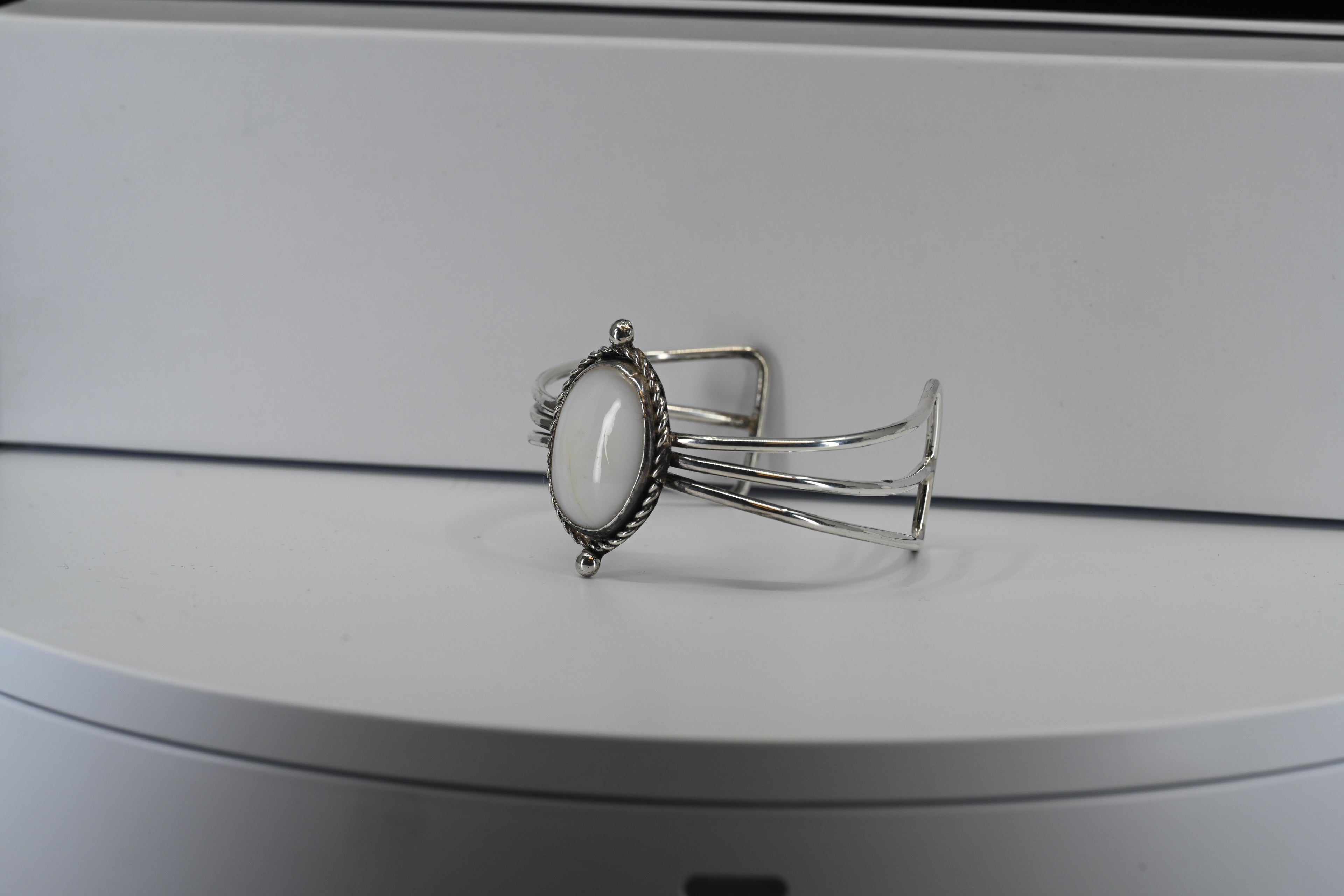 Sterling Silver Cuff With White Round Stone