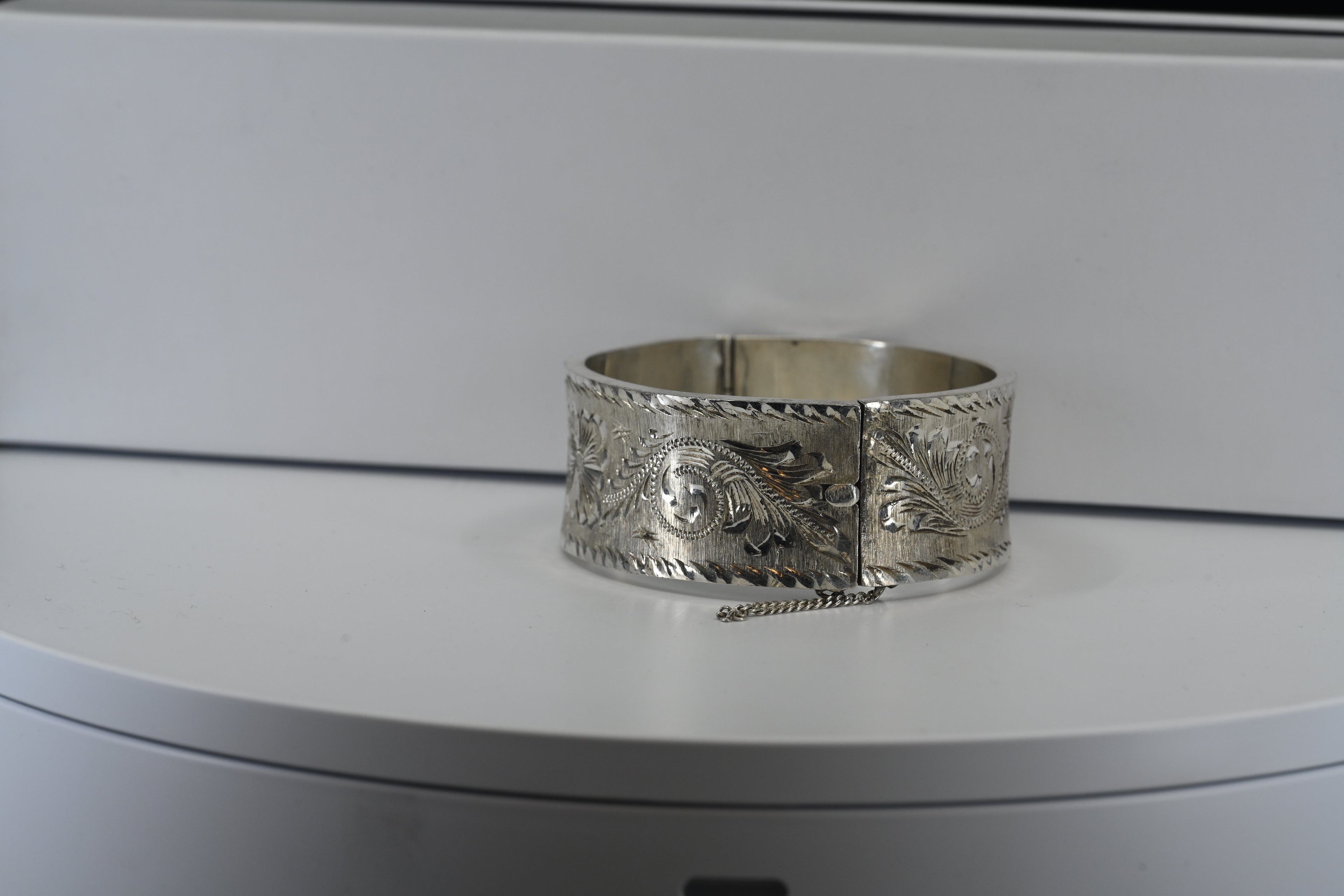 Floral Engraved Sterling Silver Hinged Bangle Bracelet