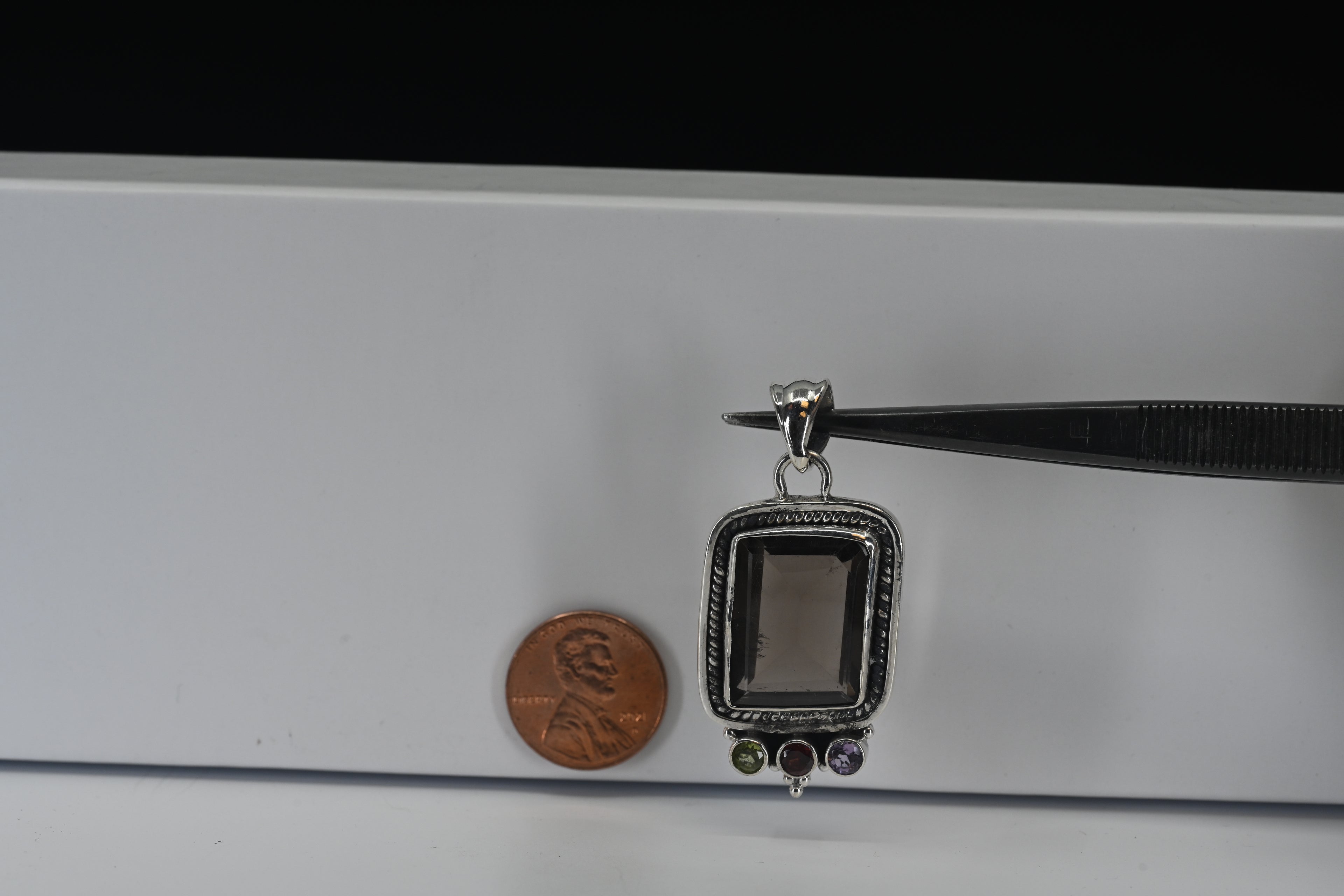 Sterling Silver Square Smoky Quartz Round Round Green Red Light Purple Stones Pendant