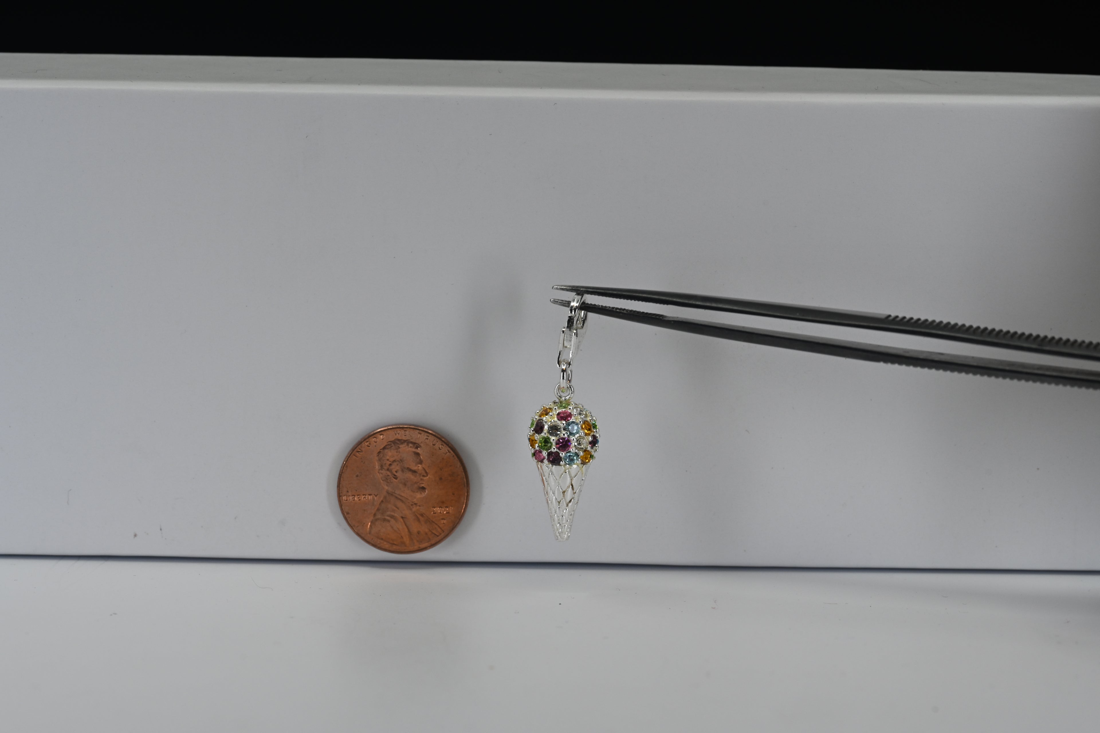 Sterling Silver Ice Cream Cone Charm with Rhinestones