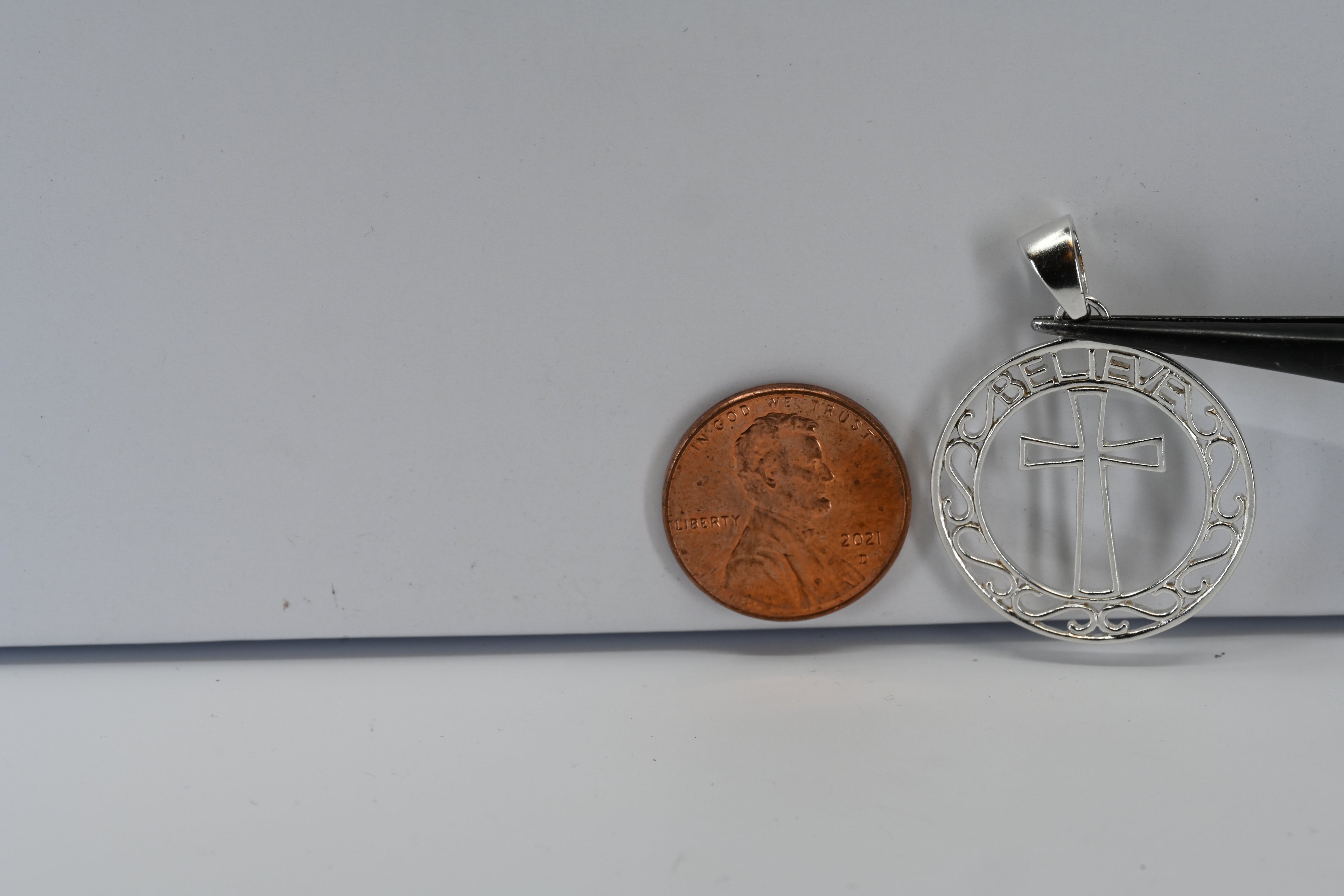 Sterling Silver Round Cross Believe Pendant