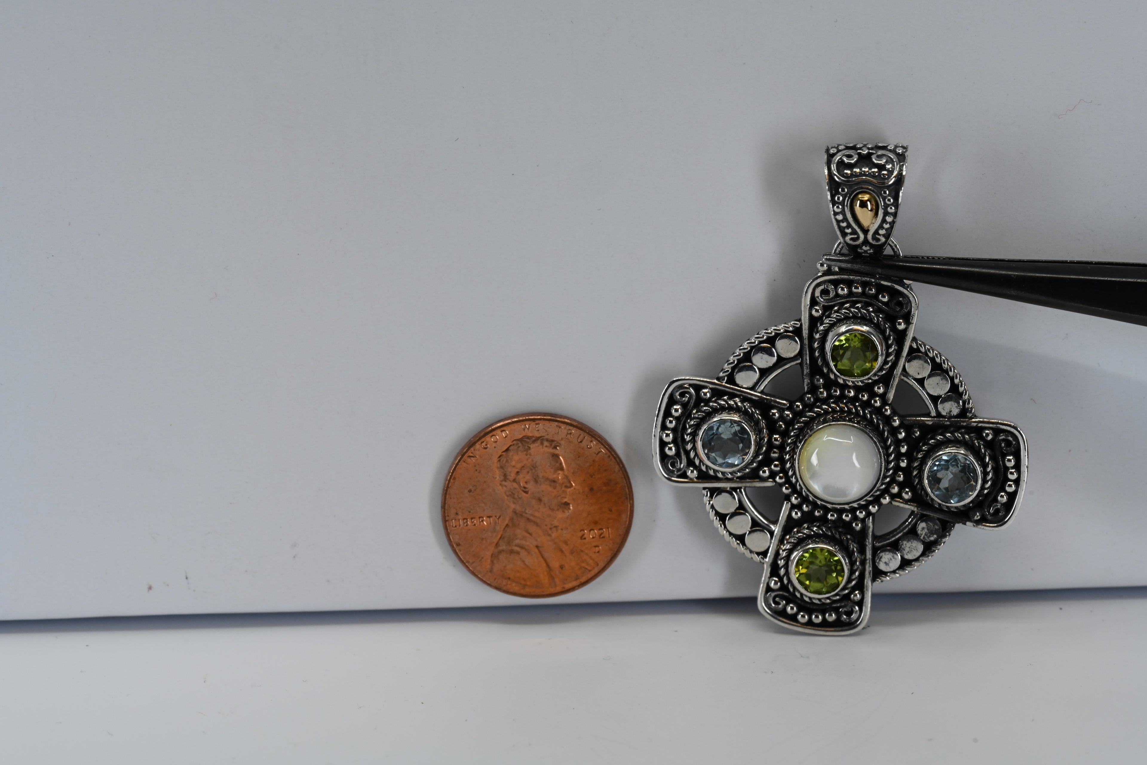 Sterling Silver Peridot, Blue Topaz, And Mother Of Pearl Gemstone Pendant