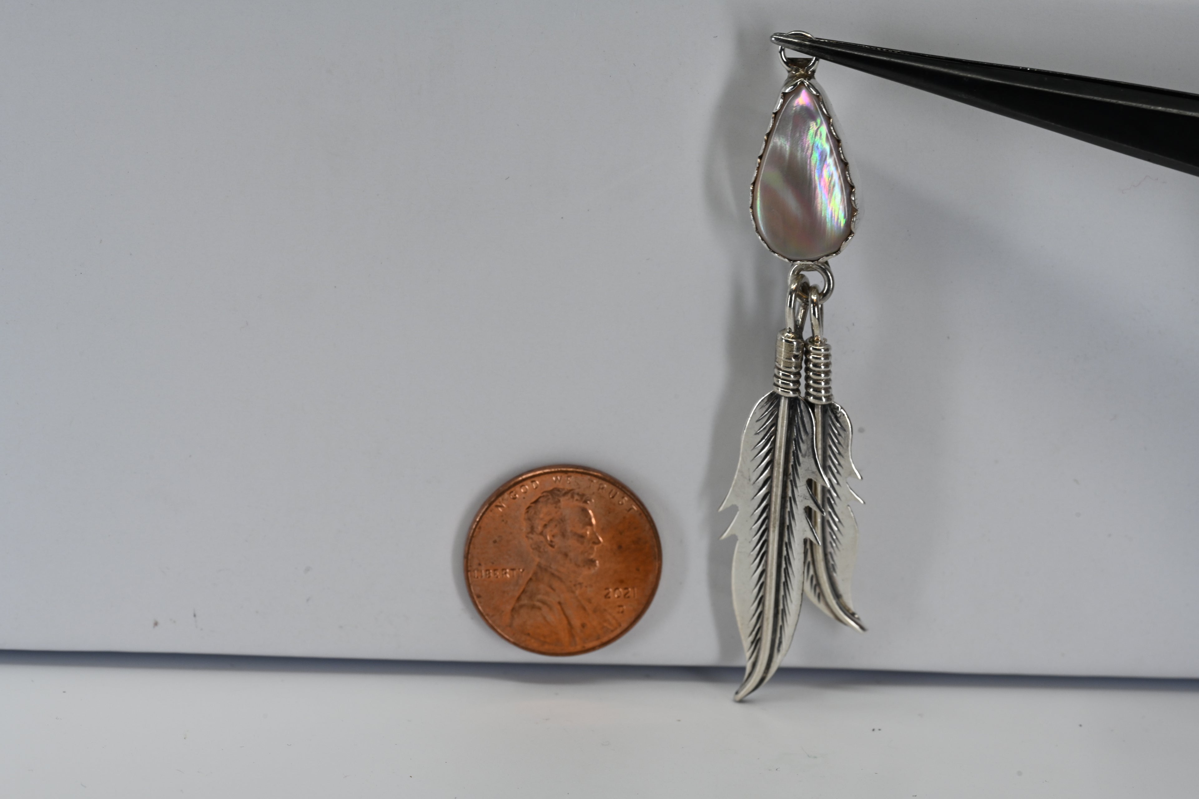 Sterling Silver Mother of Pearl Dangle Feather Pendant