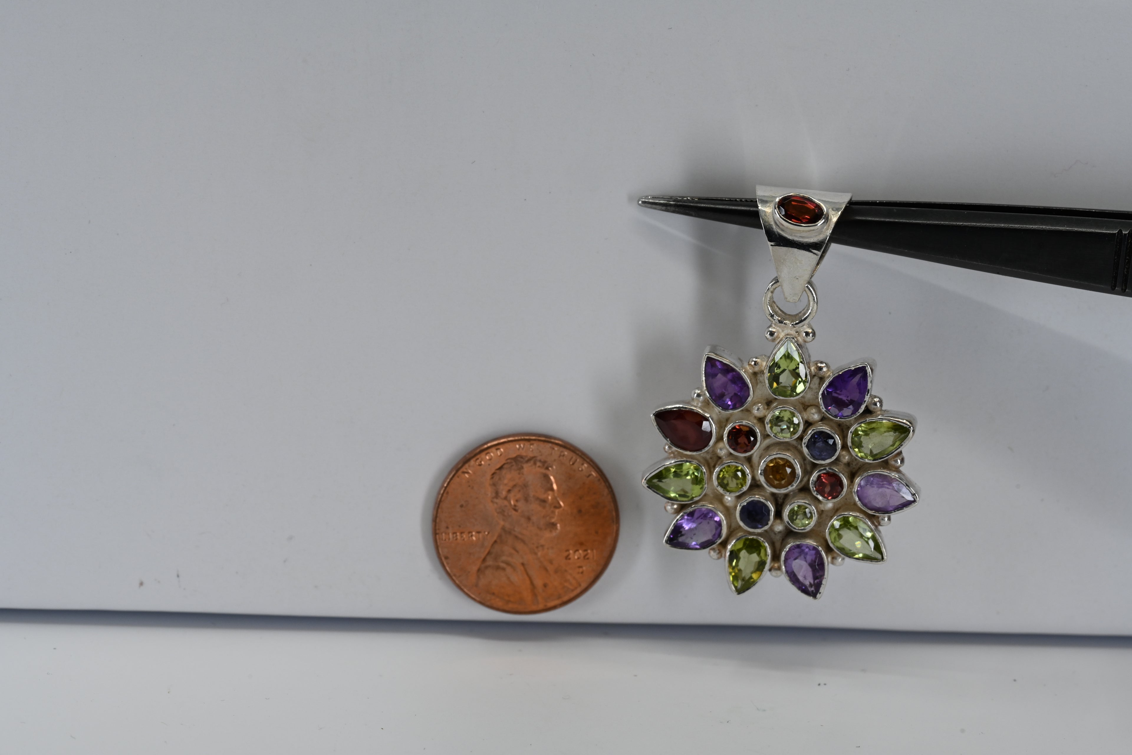 Sterling Silver Pear/Round/Oval Shaped  Amethyst/Cit/Per And Garnet Pendant