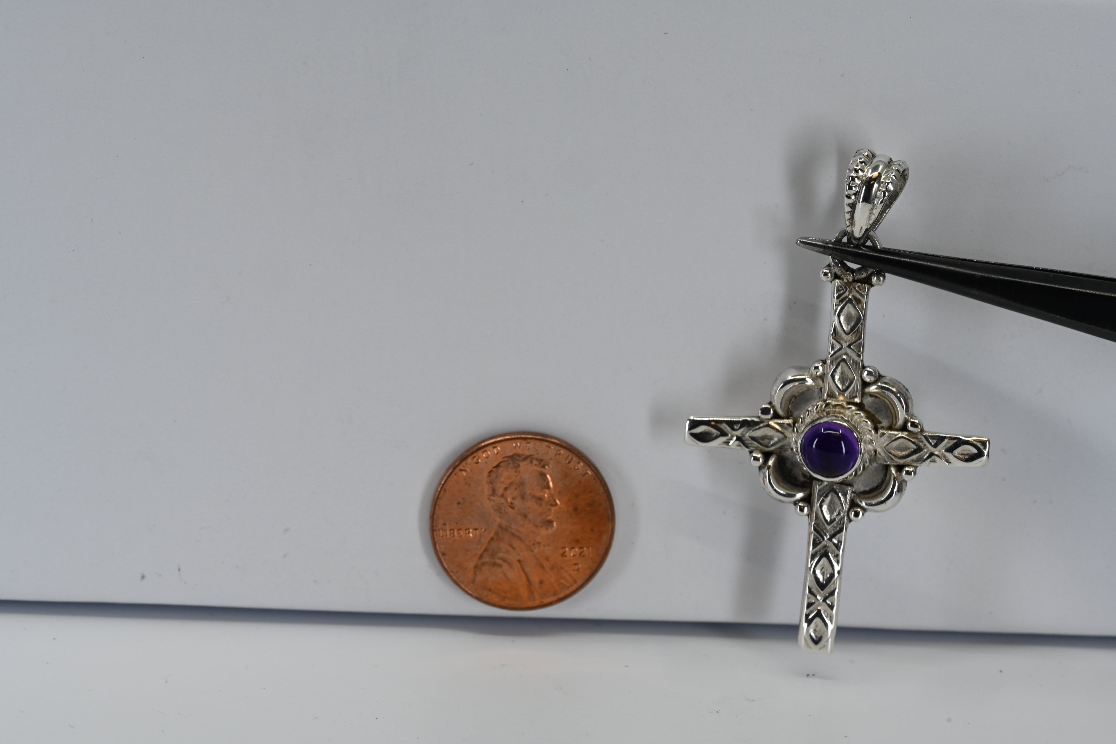 Sterling Silver Cross with Amethyst Center Stone Pendant