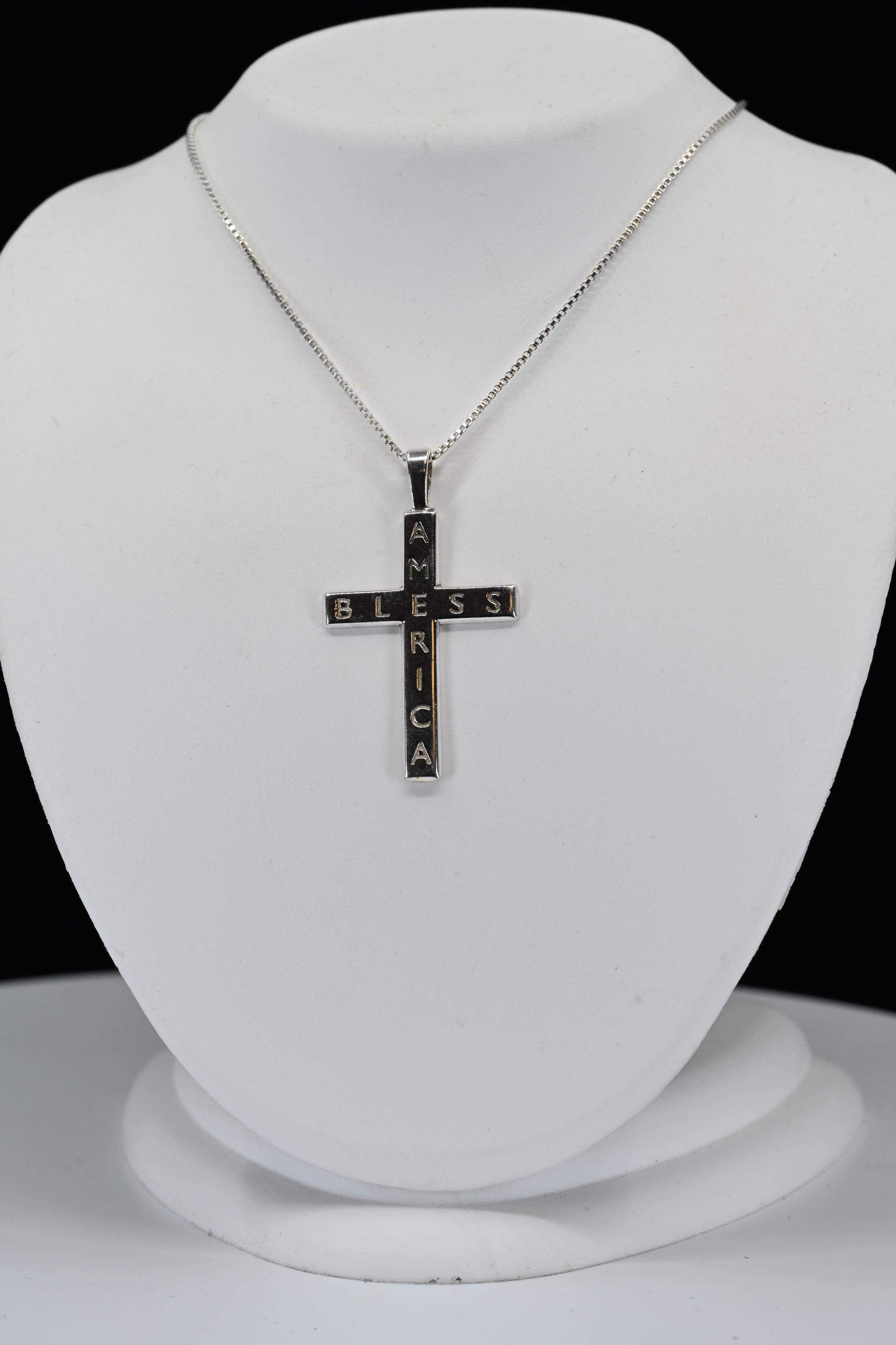 Sterling Silver Bless America Cross Necklace
