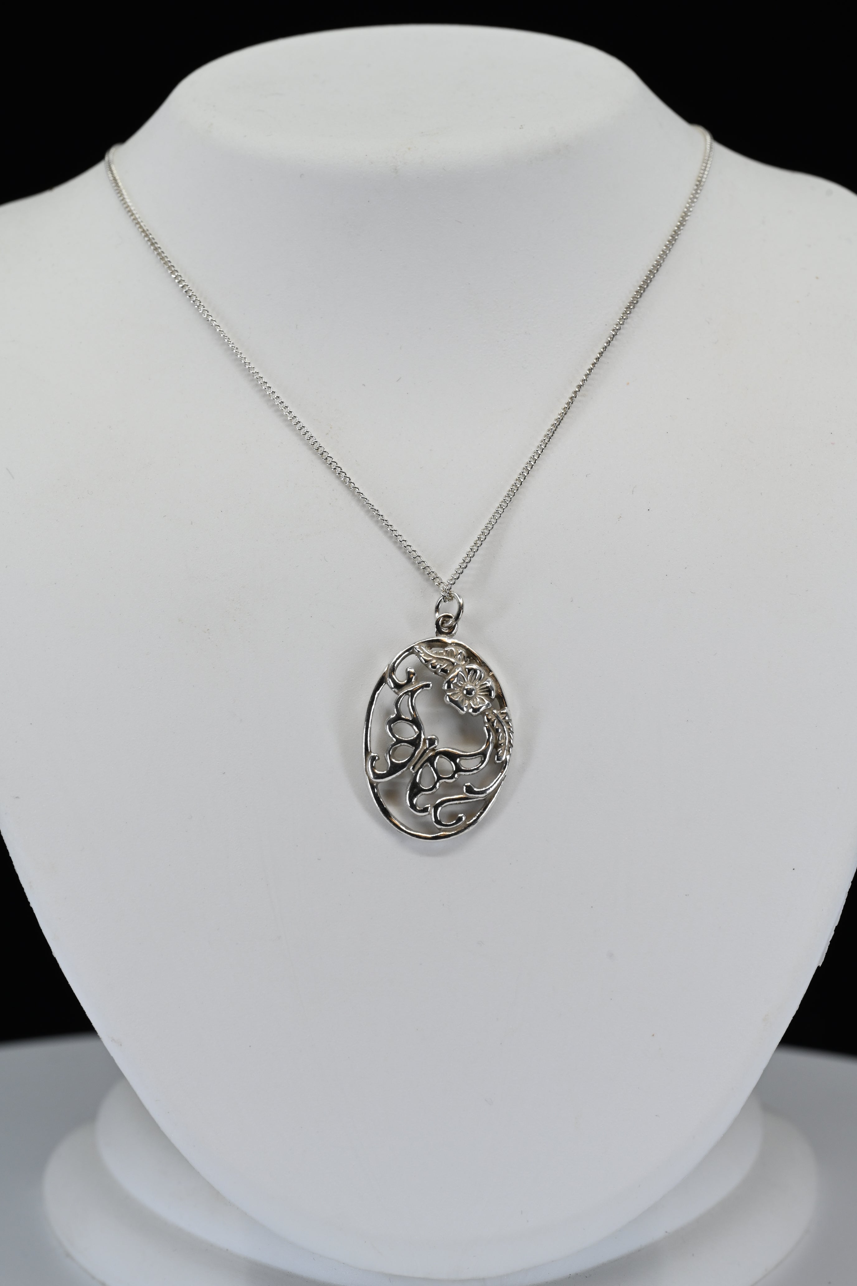 Sterling Silver Oval Butterfly Floral Necklace
