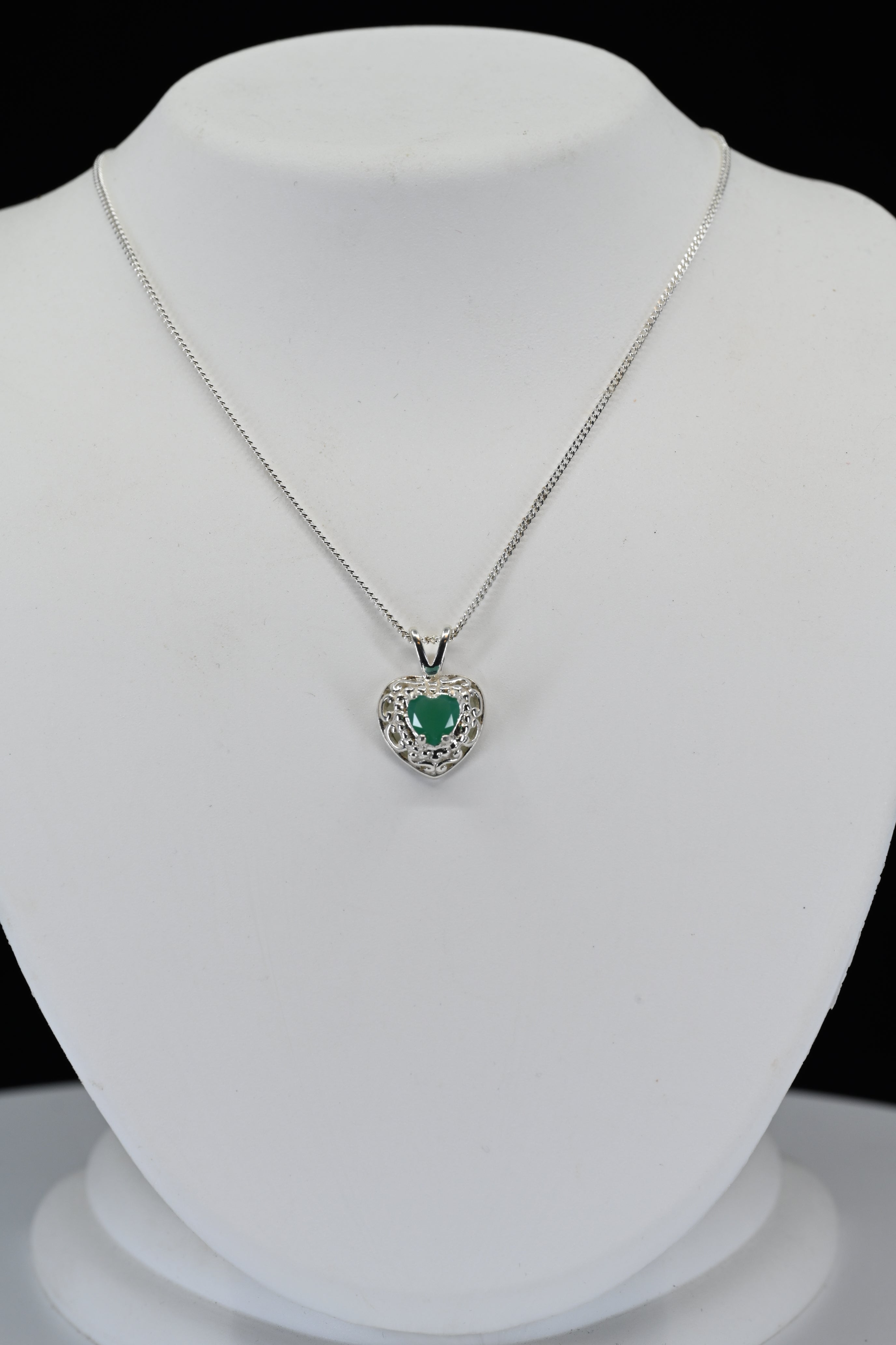 Sterling Silver  Heart Shape Green Stone  Necklace