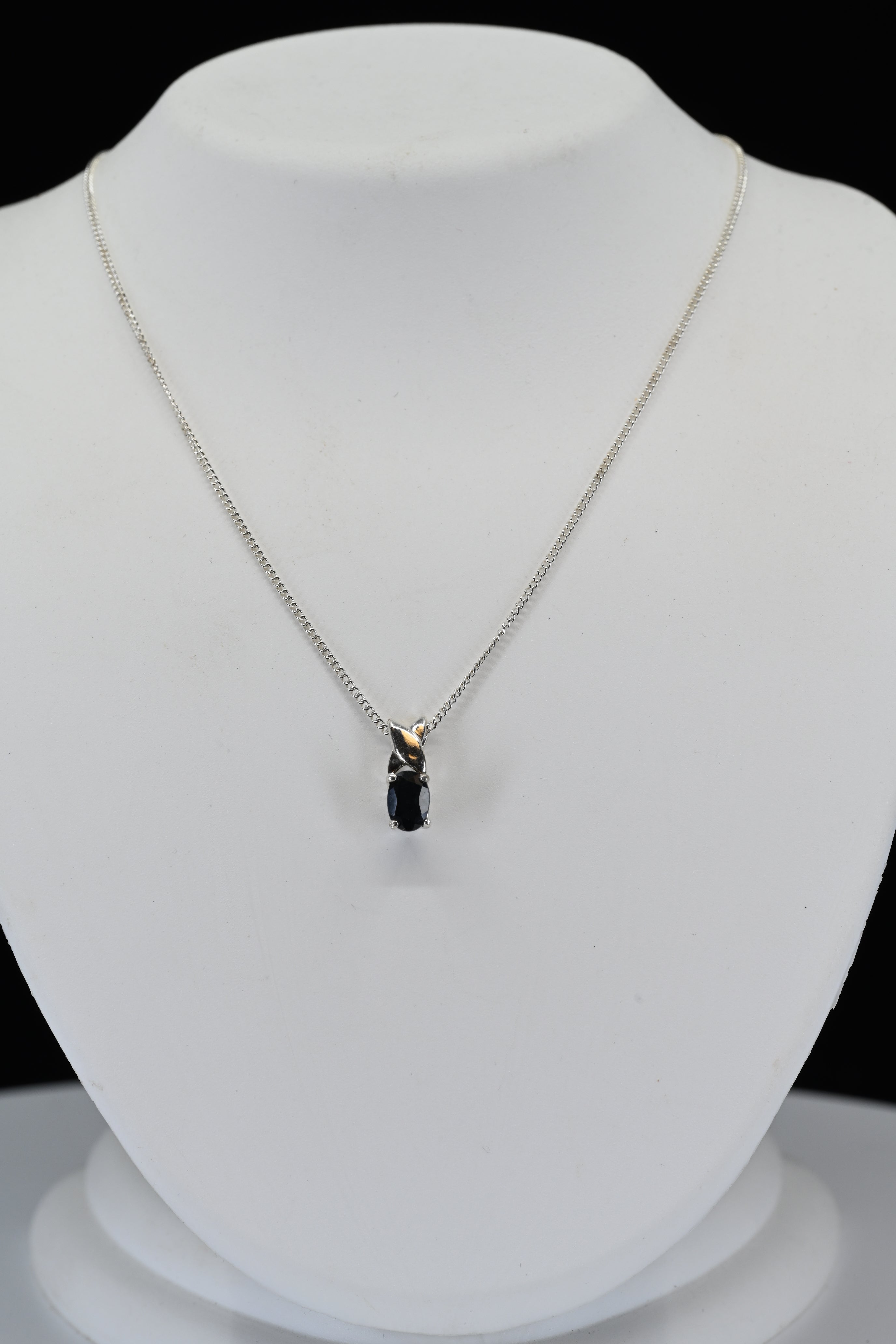 Sterling Silver Oval Dark Blue Stone Necklace