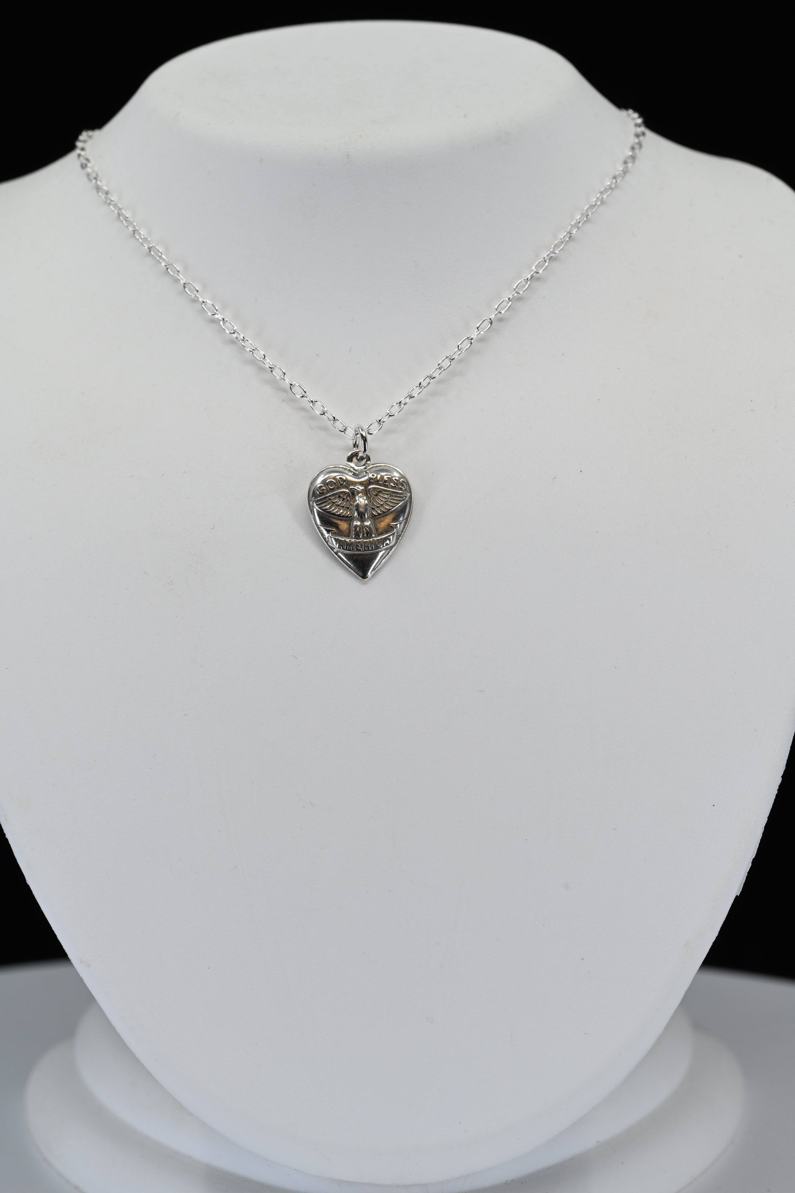 Sterling Silver Heart Shaped  God Bless America Eagle Necklace