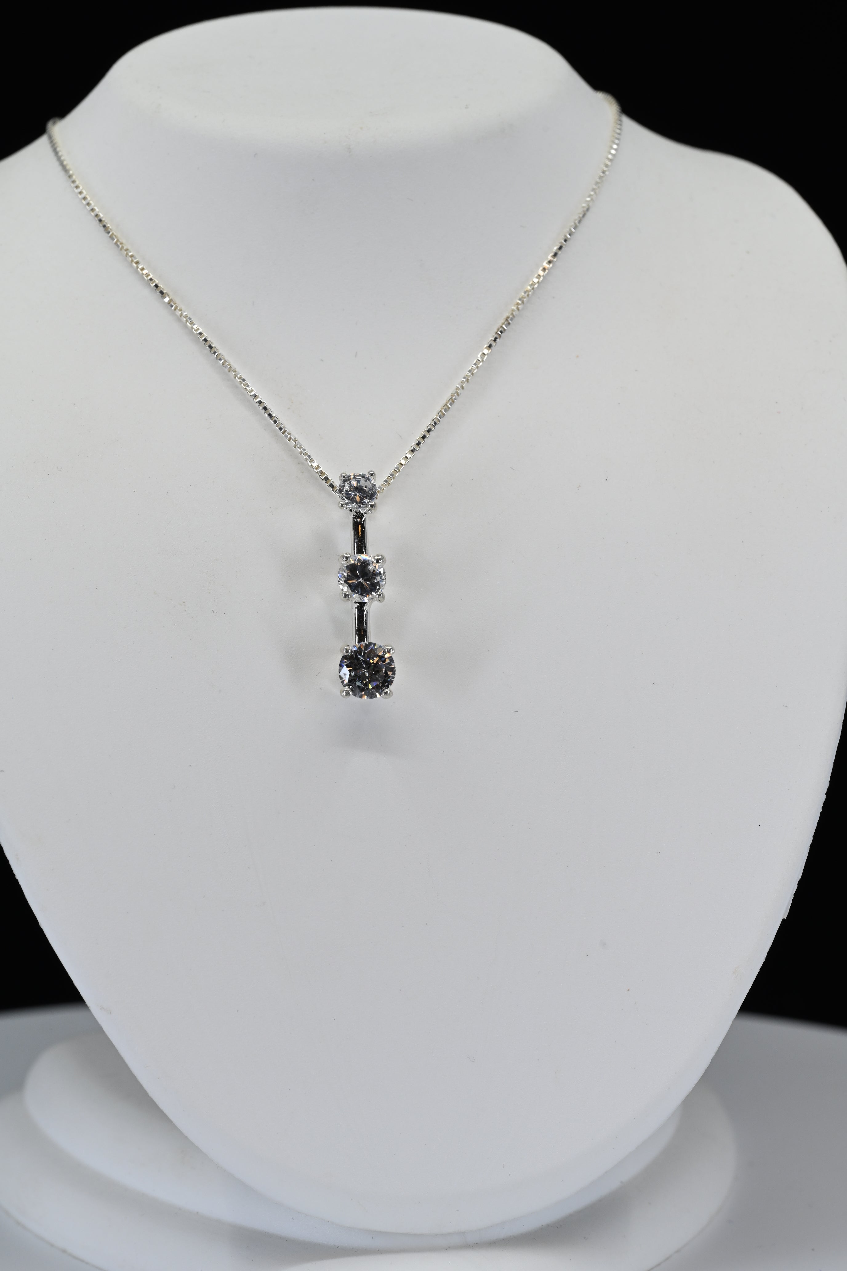 Sterling Silver Round Colorless Stone Drop Pendant Necklace