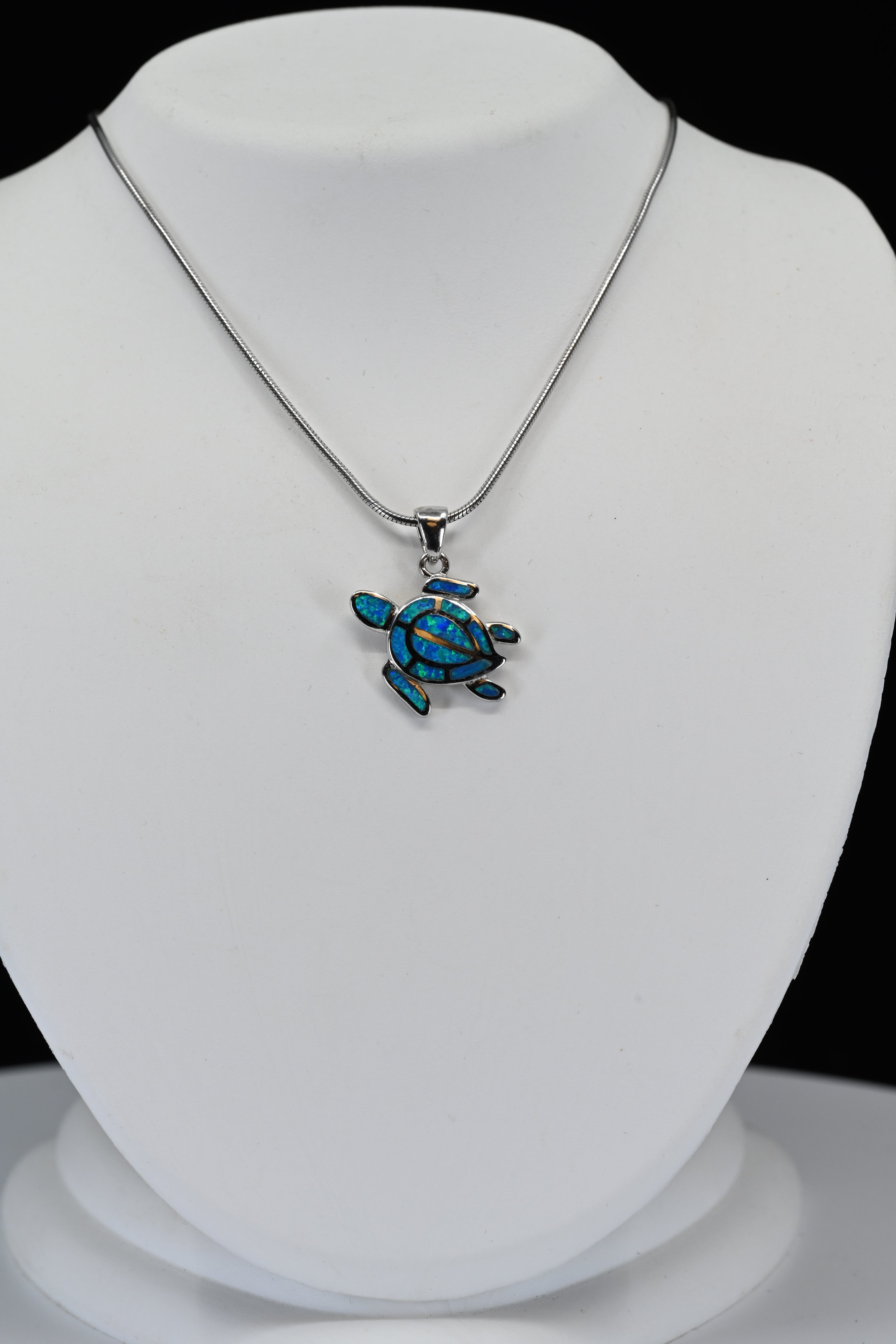 Sterling Silver Synthetic Opal Turtle Necklace