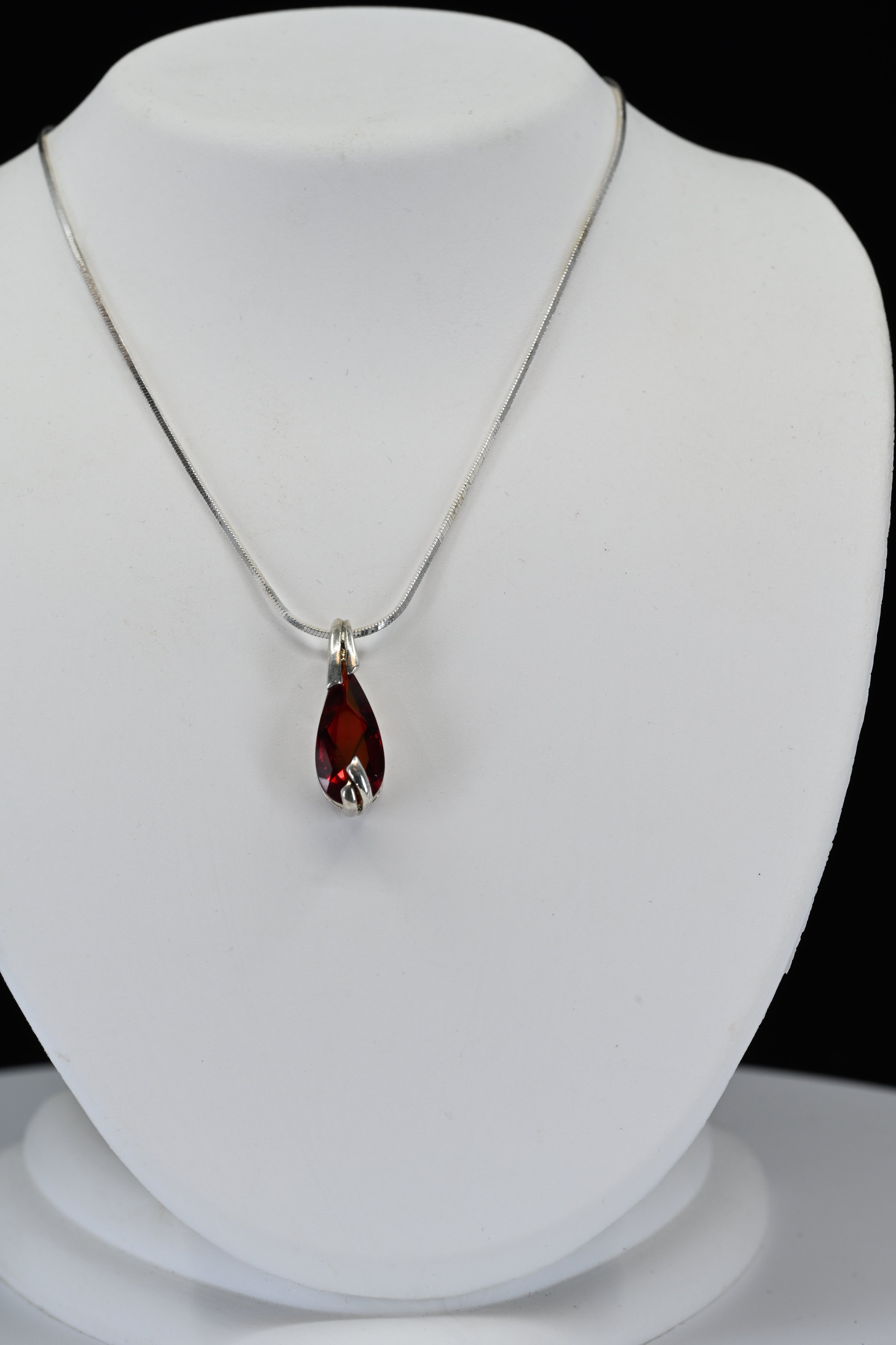 Sterling Silver pear Shape  Red Stone Necklace