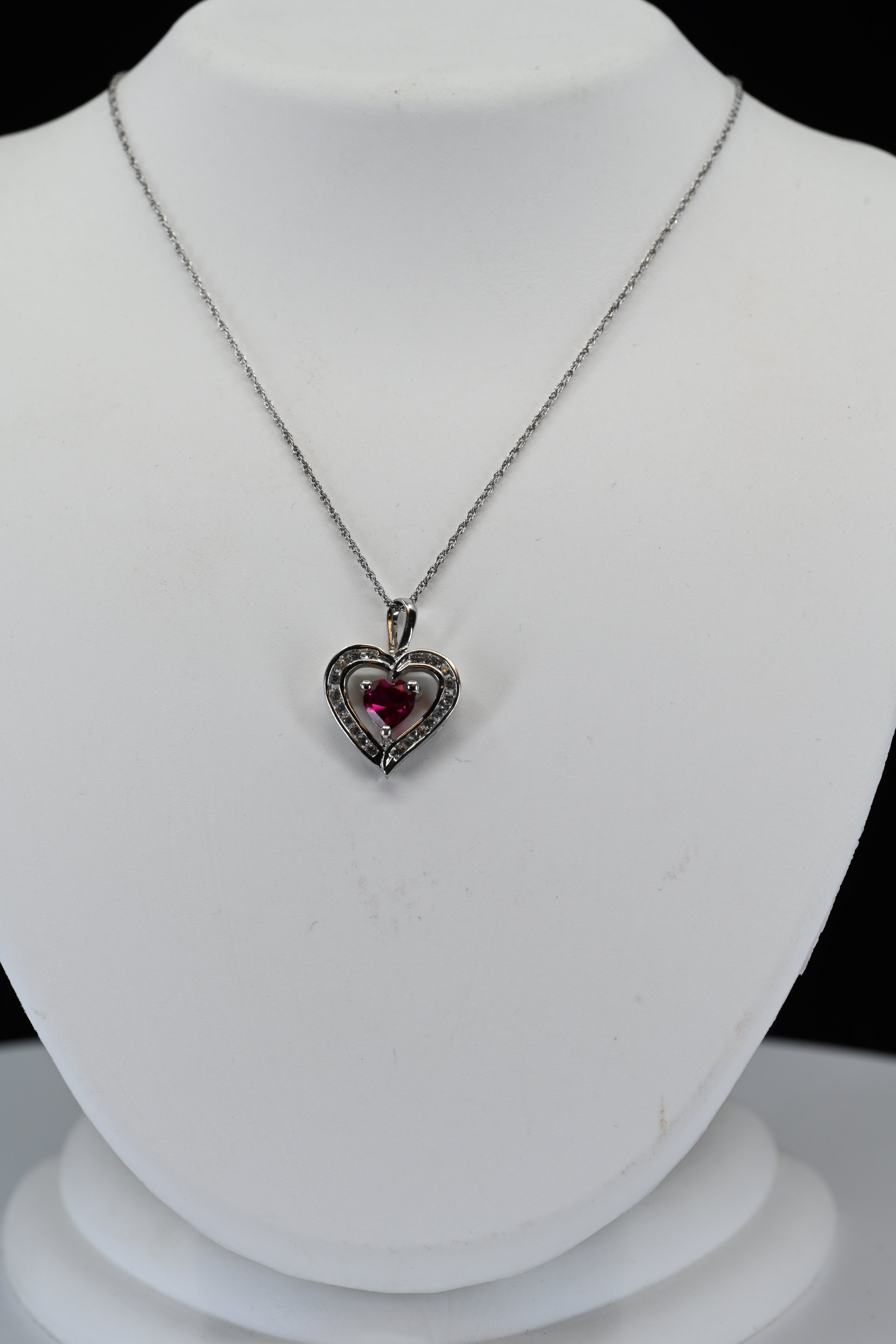 Sterling Silver Heart Shape Red Stone With Round Colorless Halo Stones Necklace