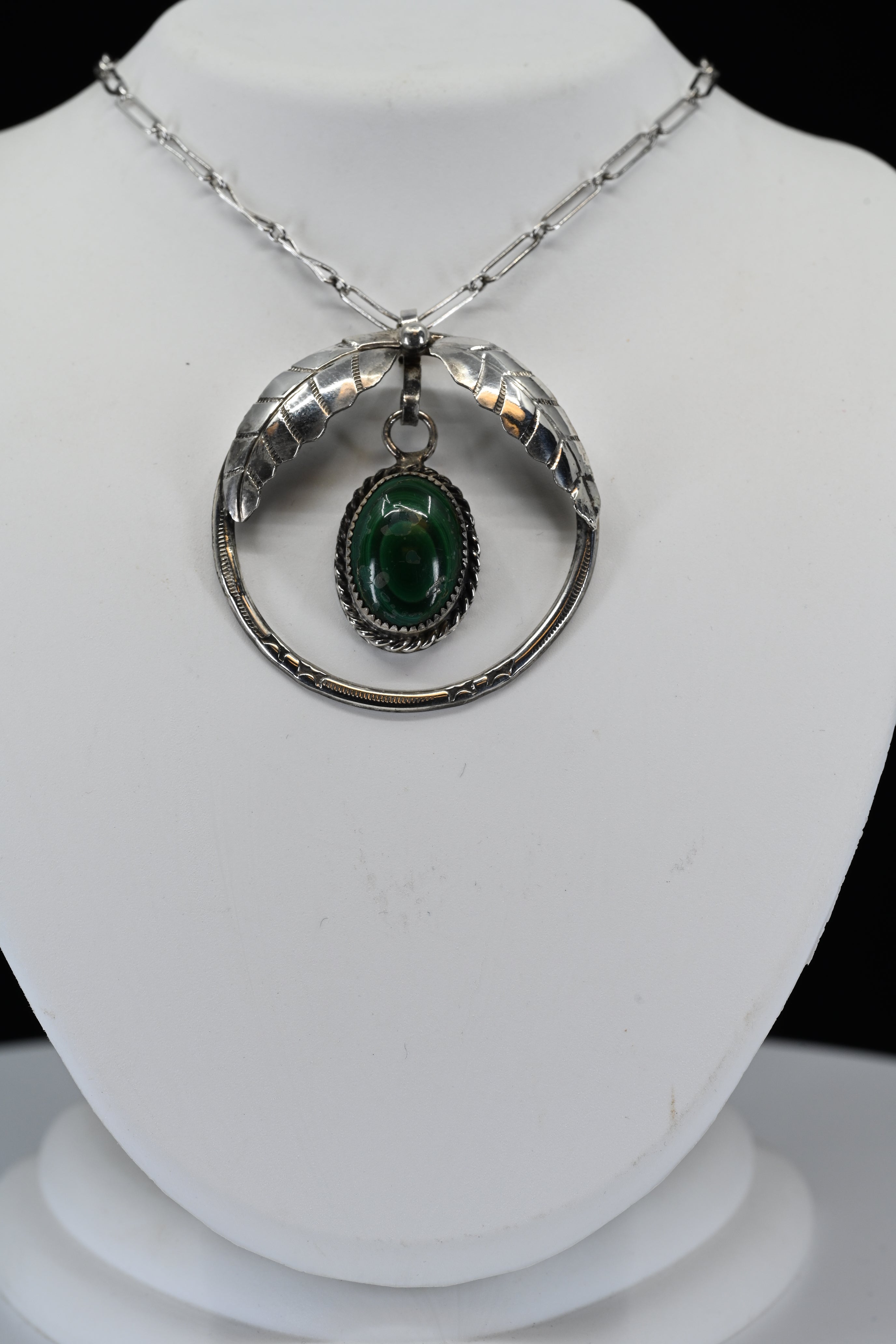 Sterling Silver Oval Green Cabochon Cut Stone With Leaf's Necklace