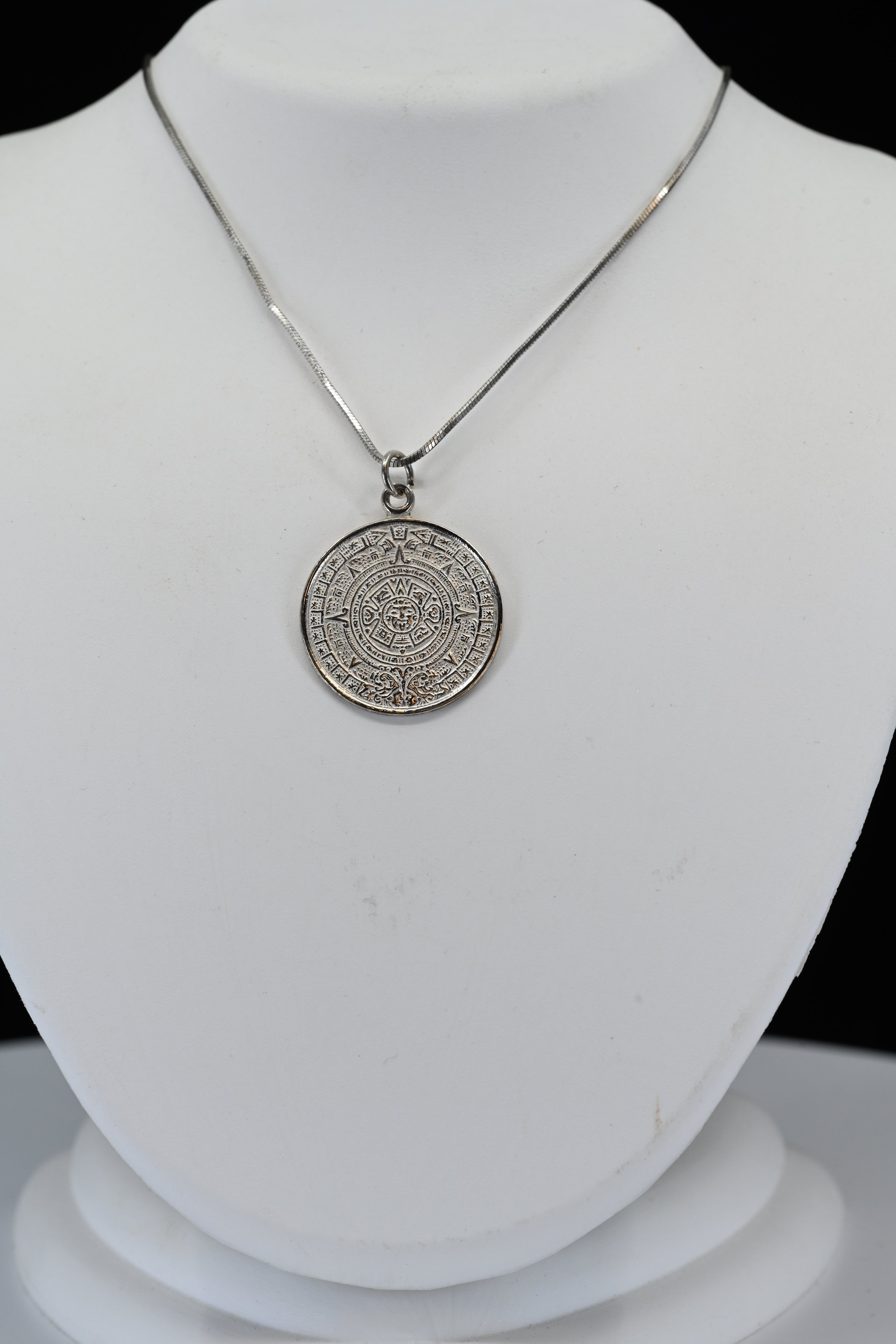 Sterling Silver Round Aztec Sun Calendar Necklace