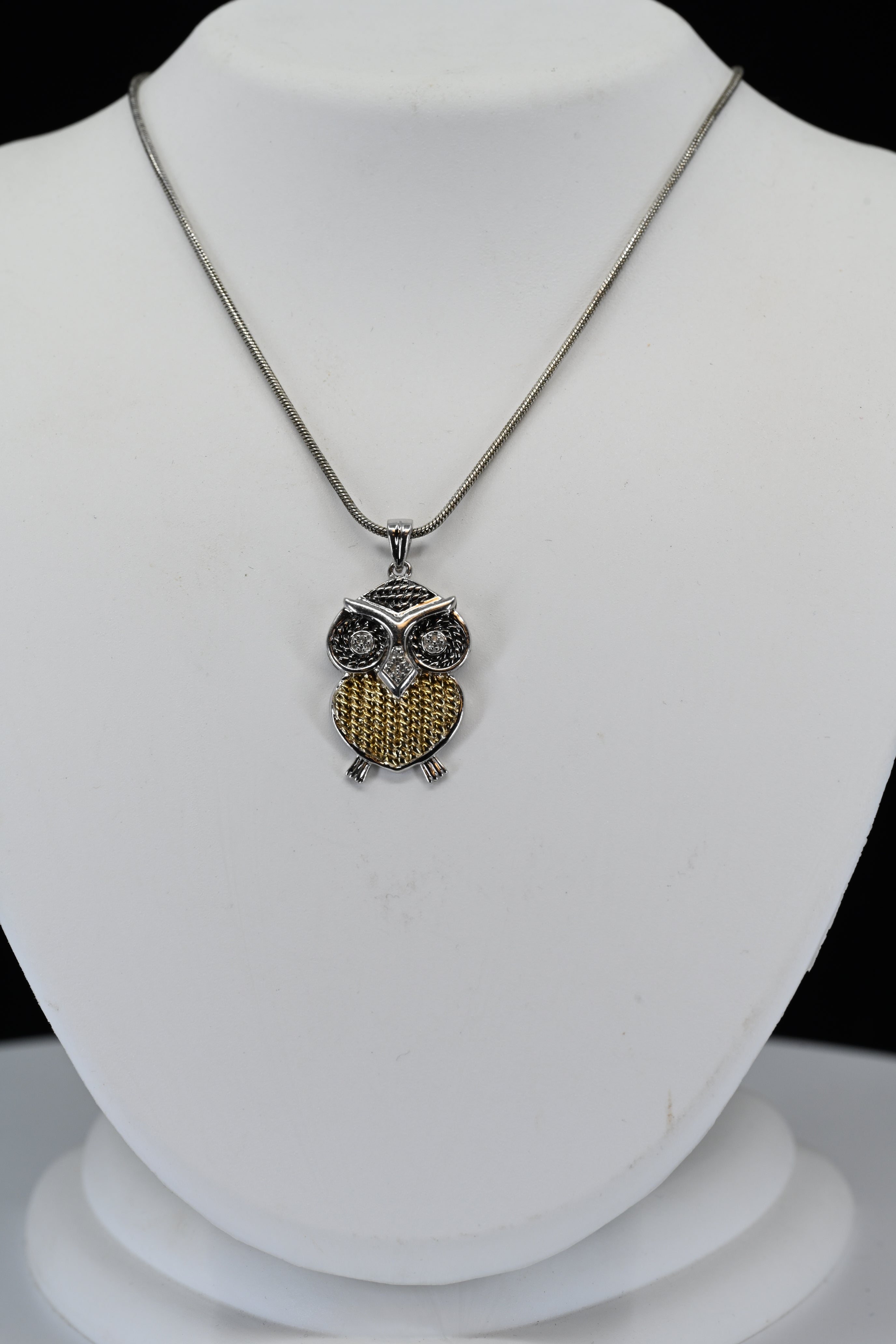 Sterling Silver Two-Tone Owl with Round Colorless Stones  Necklace
