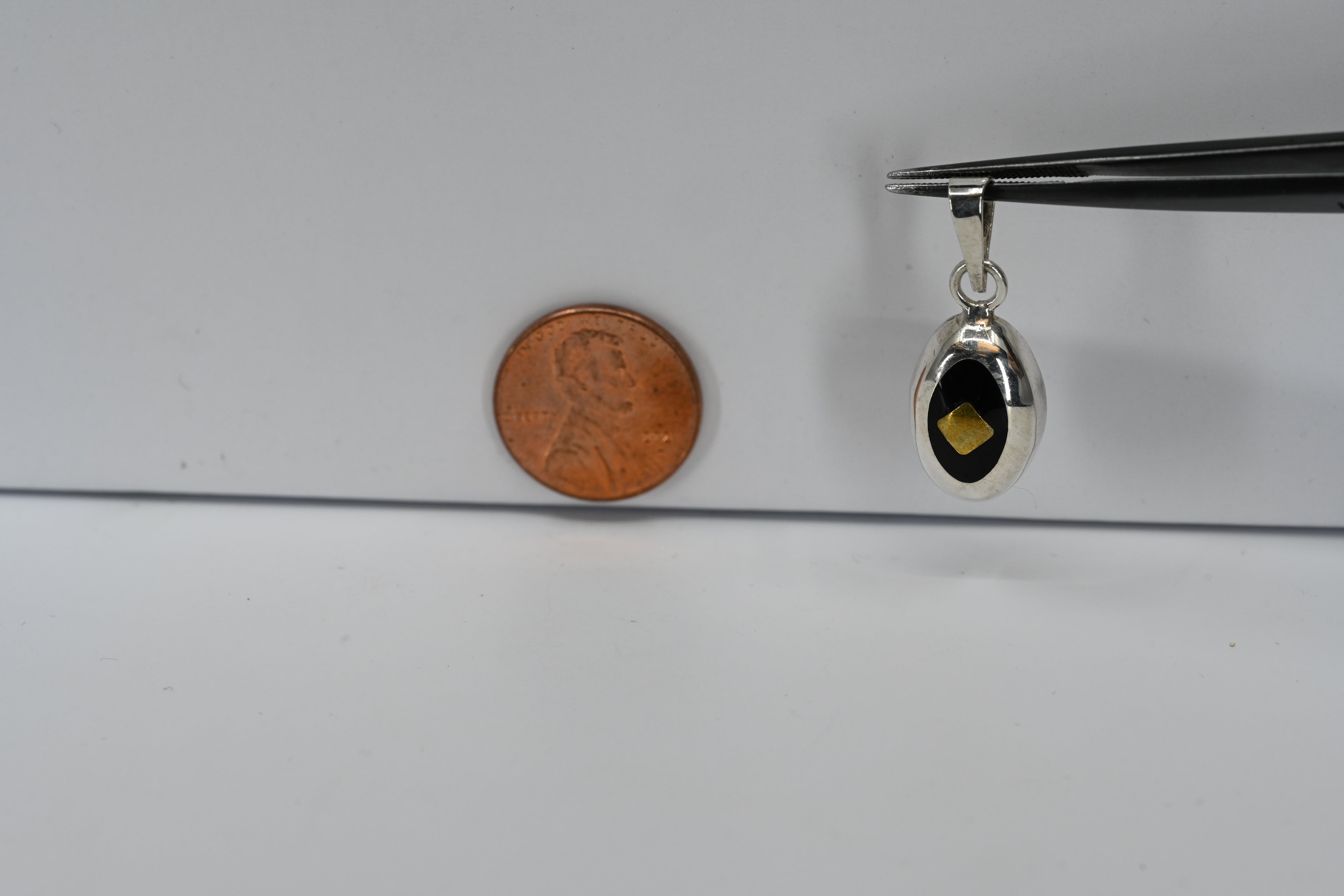 Sterling Silver Oval Black Stone With Yellow Square Center Pendant