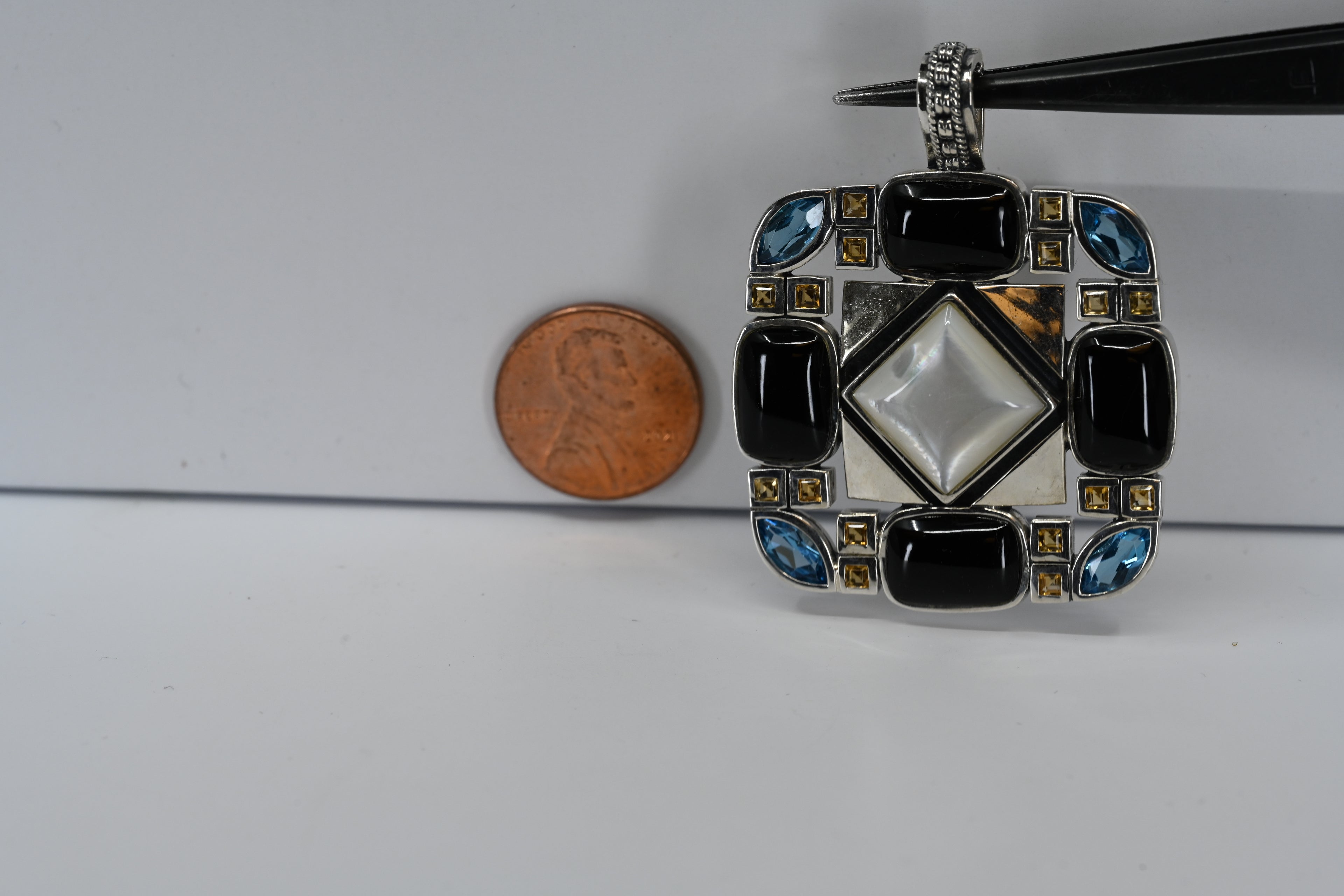 Sterling Silver Colored Stone Square Pearl Enhancer Pendant