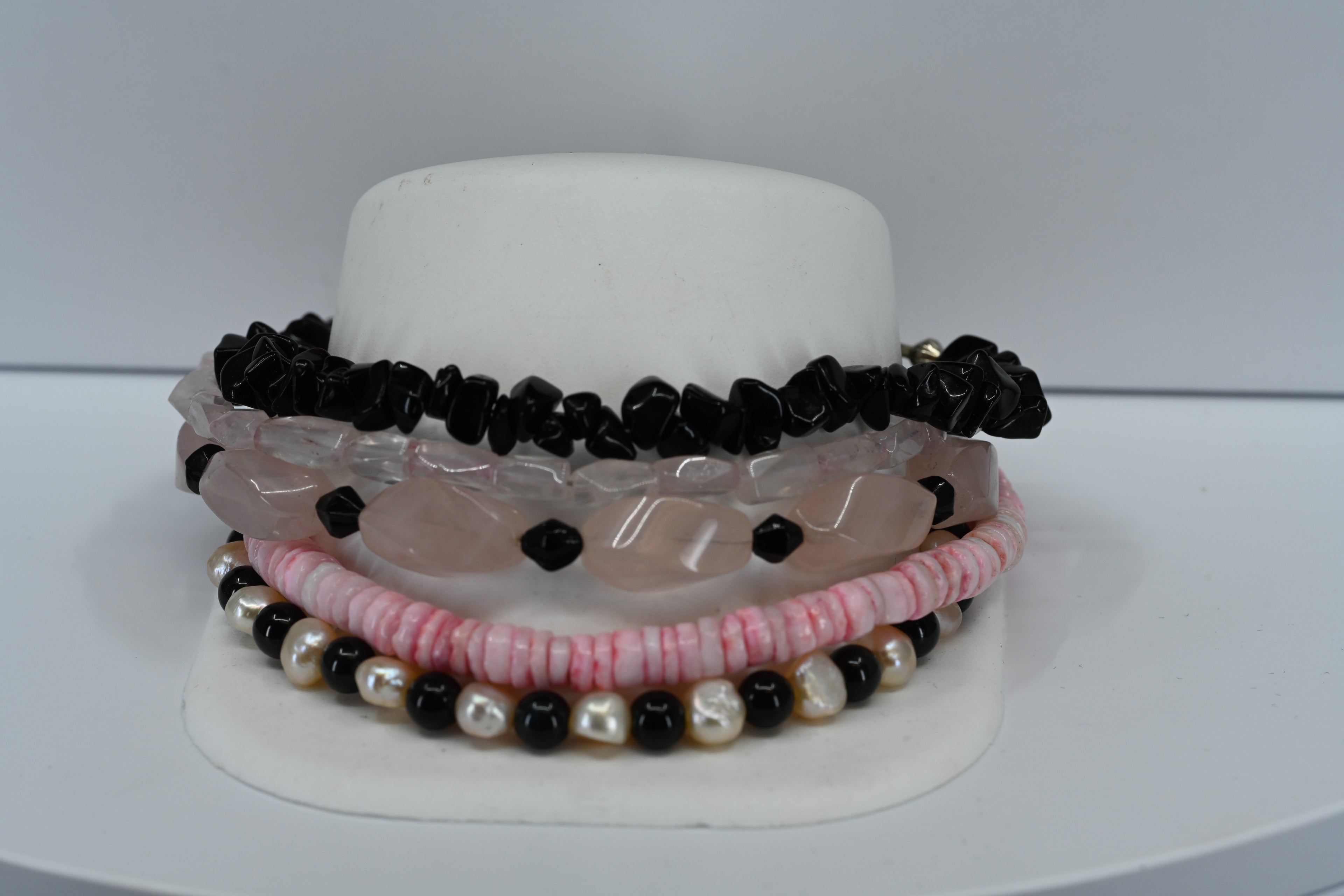 Sterling Silver Pink and Black Stone Bracelet