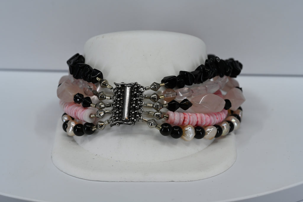 Sterling Silver Pink and Black Stone Bracelet