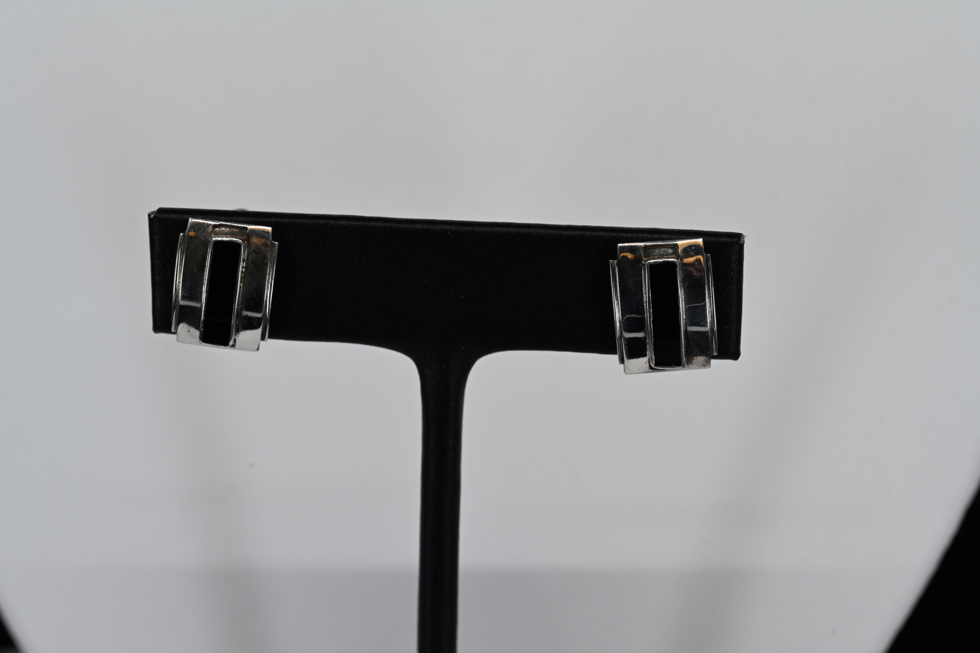 Sterling Silver Black Stone Rectangle Clip on Earrings